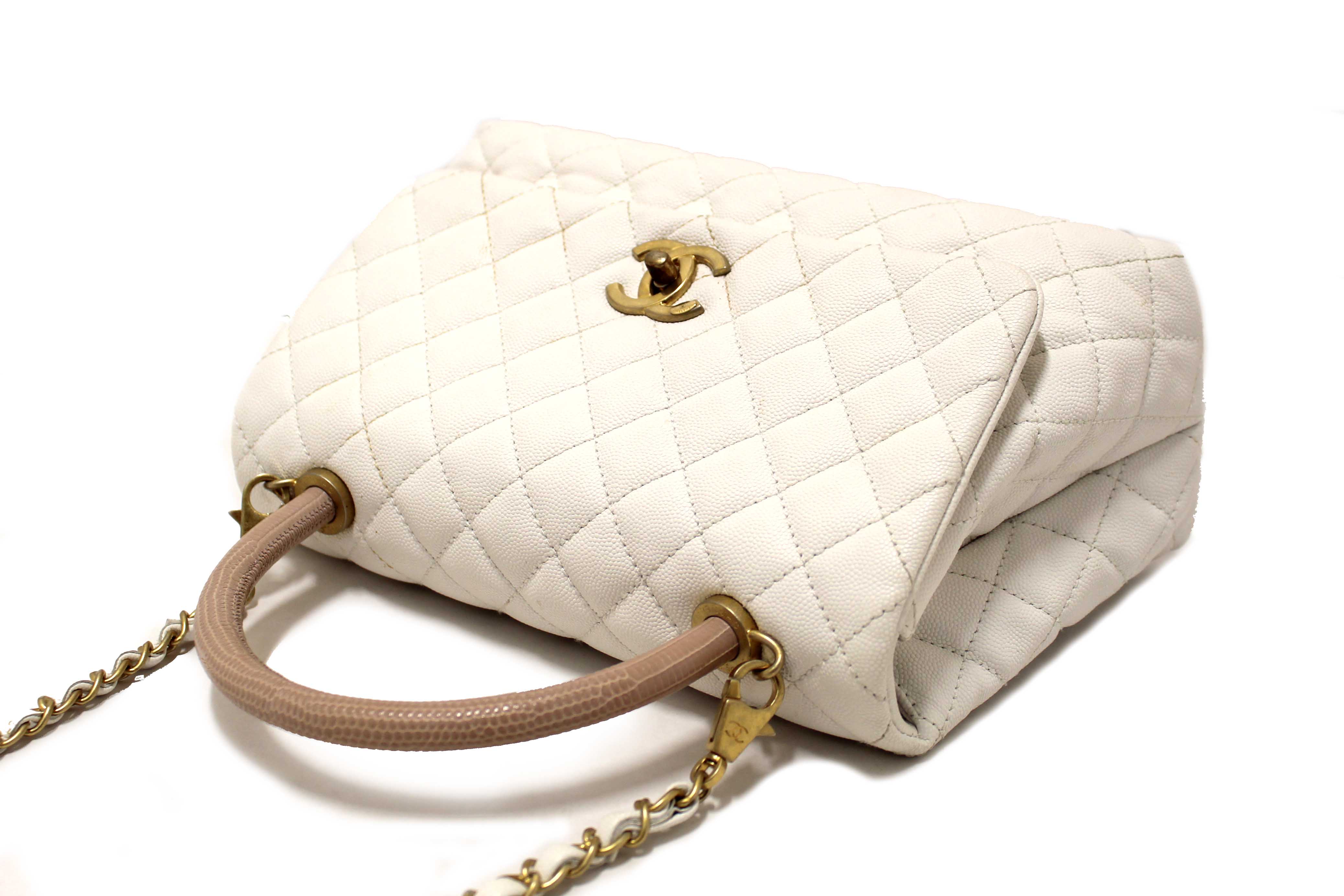 Authentic Chanel Beige and White Quilted Caviar Leather Large CoCo Handle Flap Bag