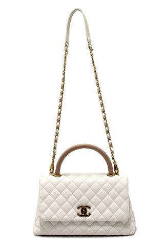 Authentic Chanel Beige and White Quilted Caviar Leather Large CoCo Handle Flap Bag