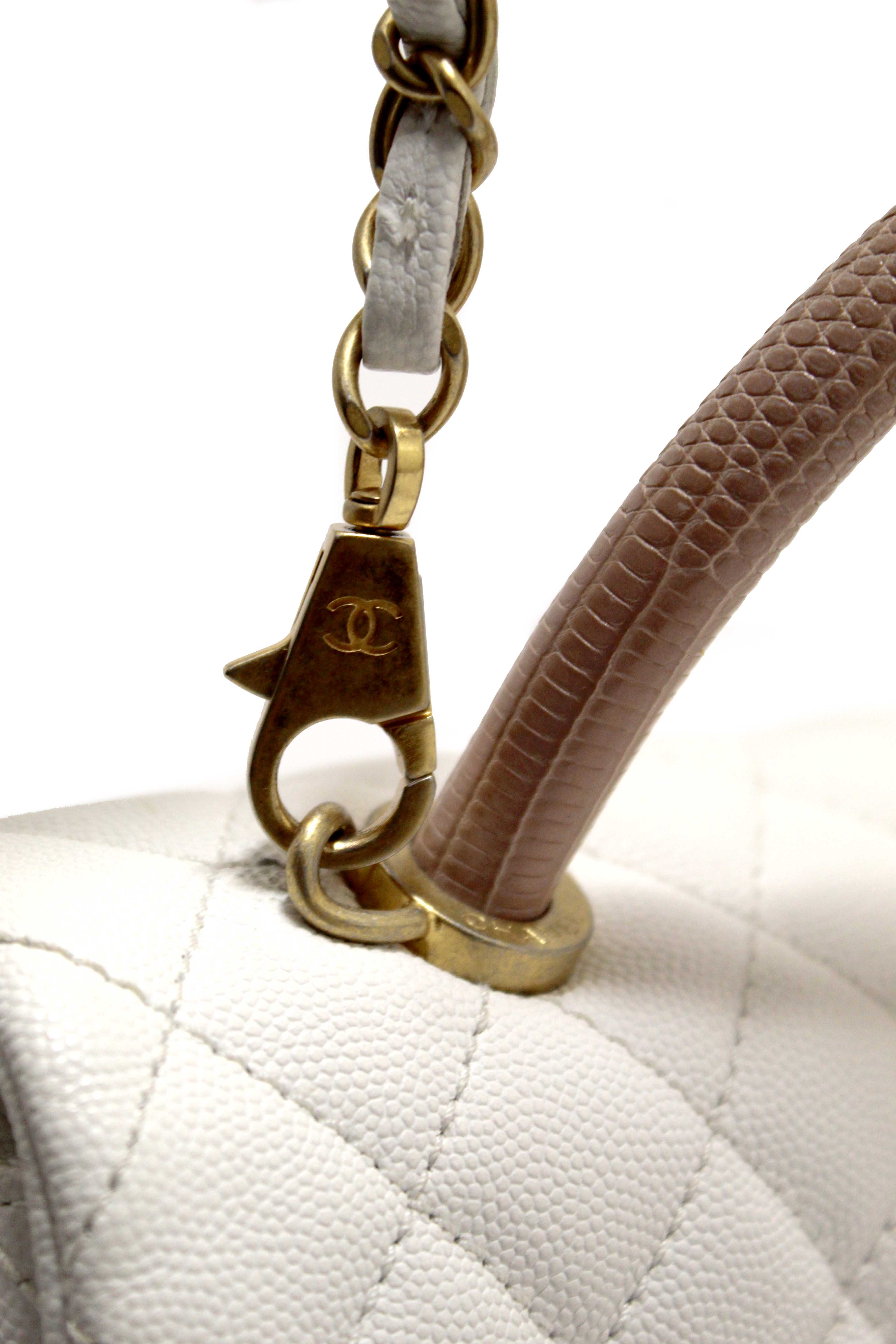 Authentic Chanel Beige and White Quilted Caviar Leather Large CoCo Handle Flap Bag