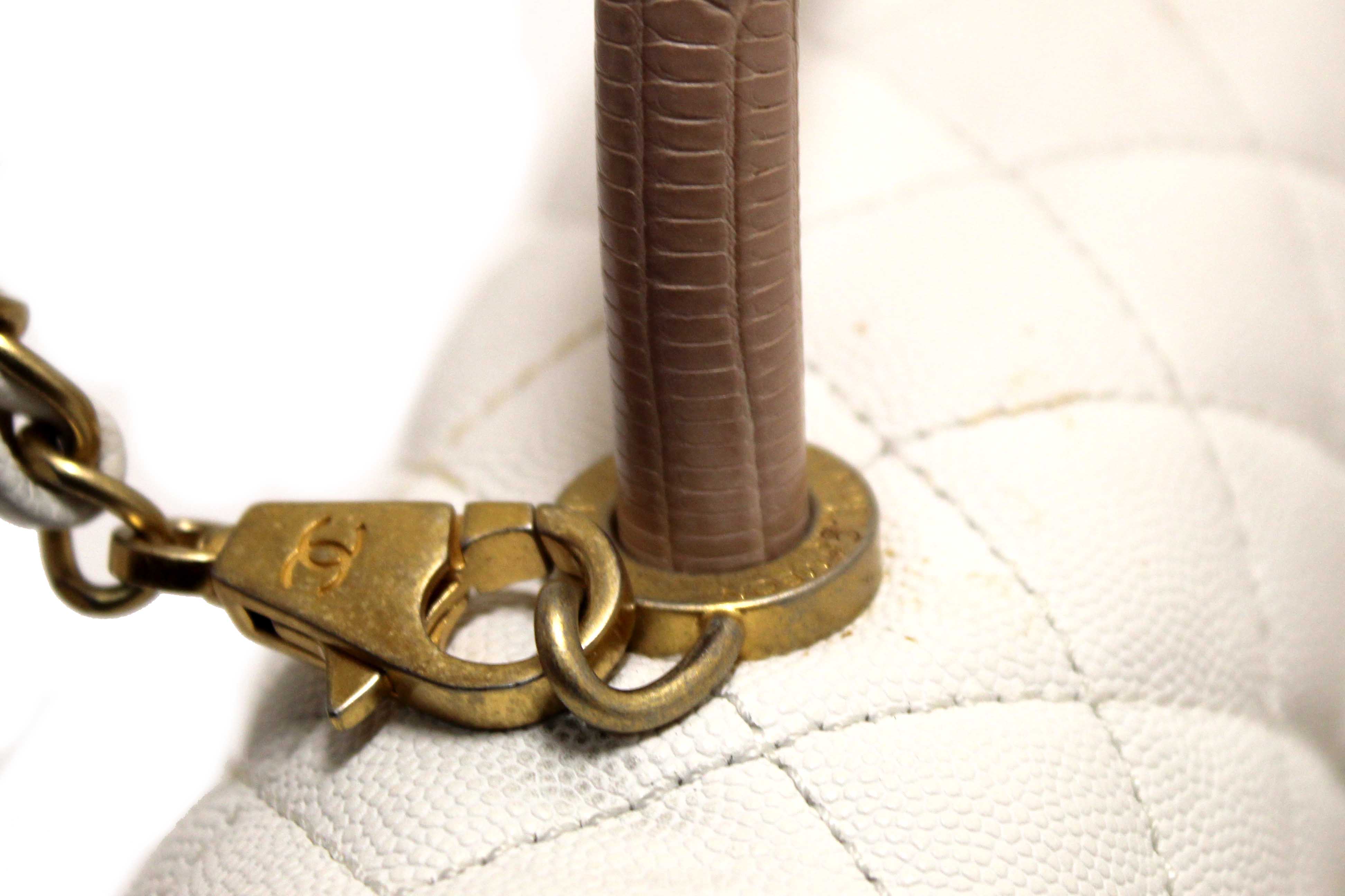 Authentic Chanel Beige and White Quilted Caviar Leather Large CoCo Handle Flap Bag