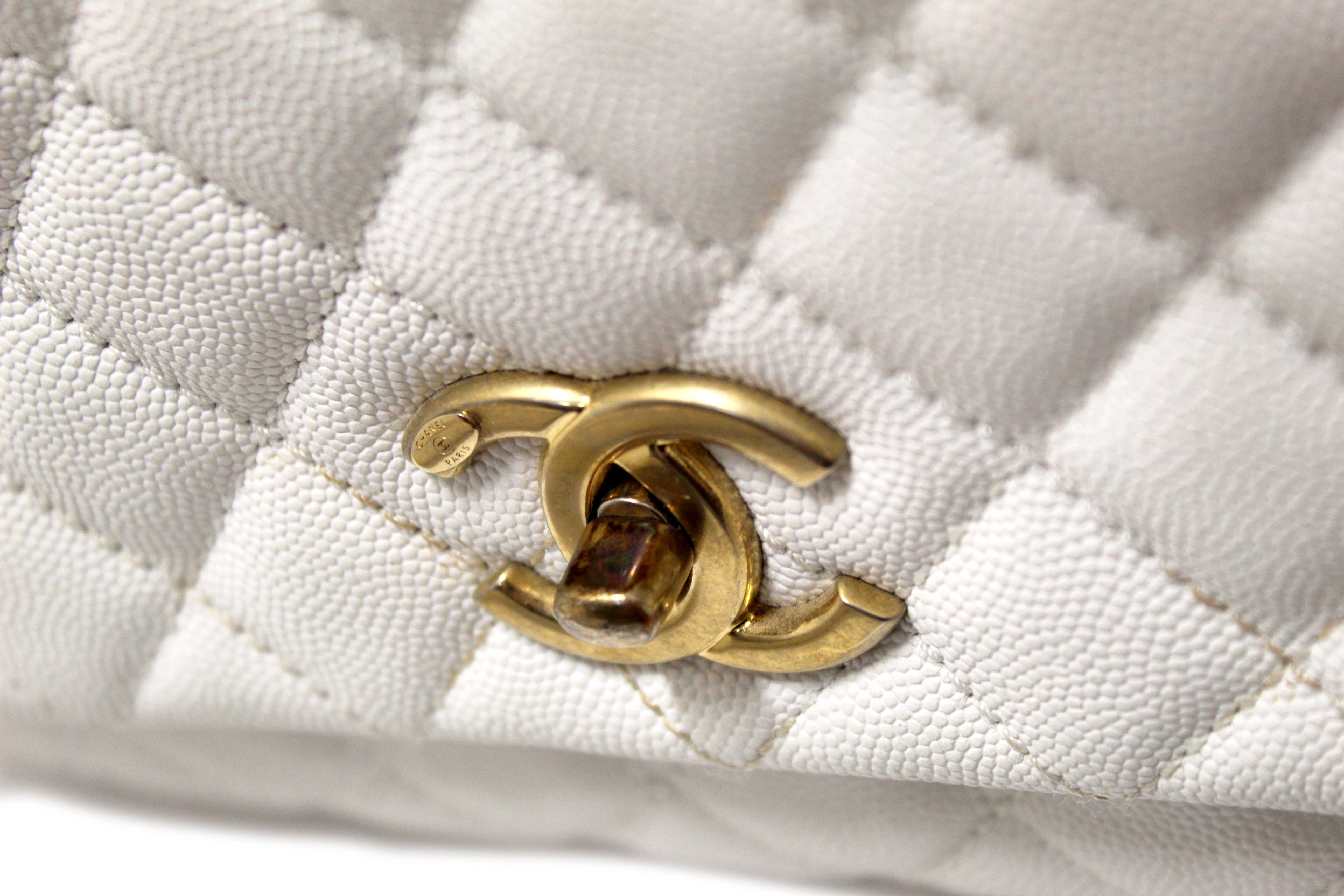 Authentic Chanel Beige and White Quilted Caviar Leather Large CoCo Handle Flap Bag