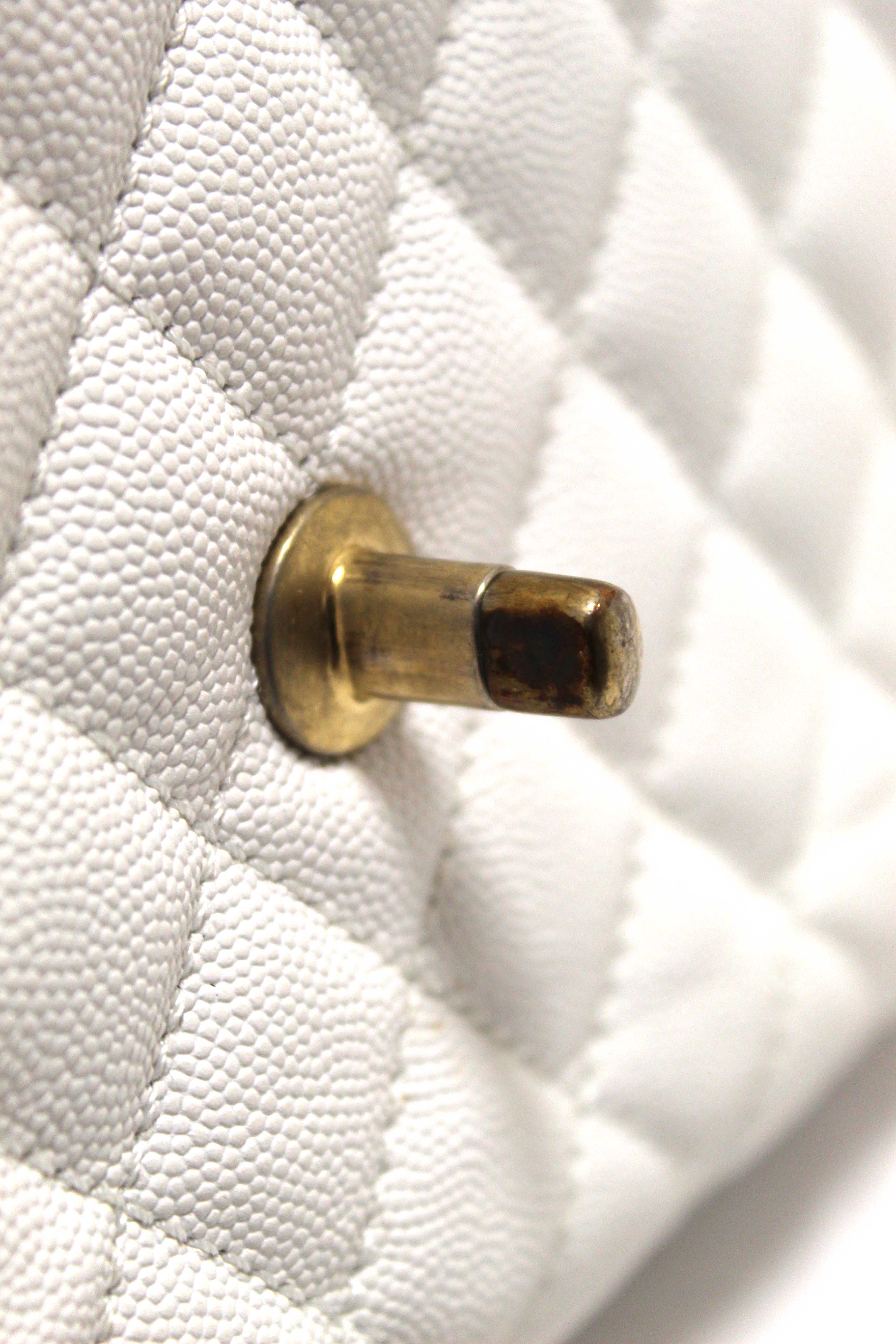 Authentic Chanel Beige and White Quilted Caviar Leather Large CoCo Handle Flap Bag