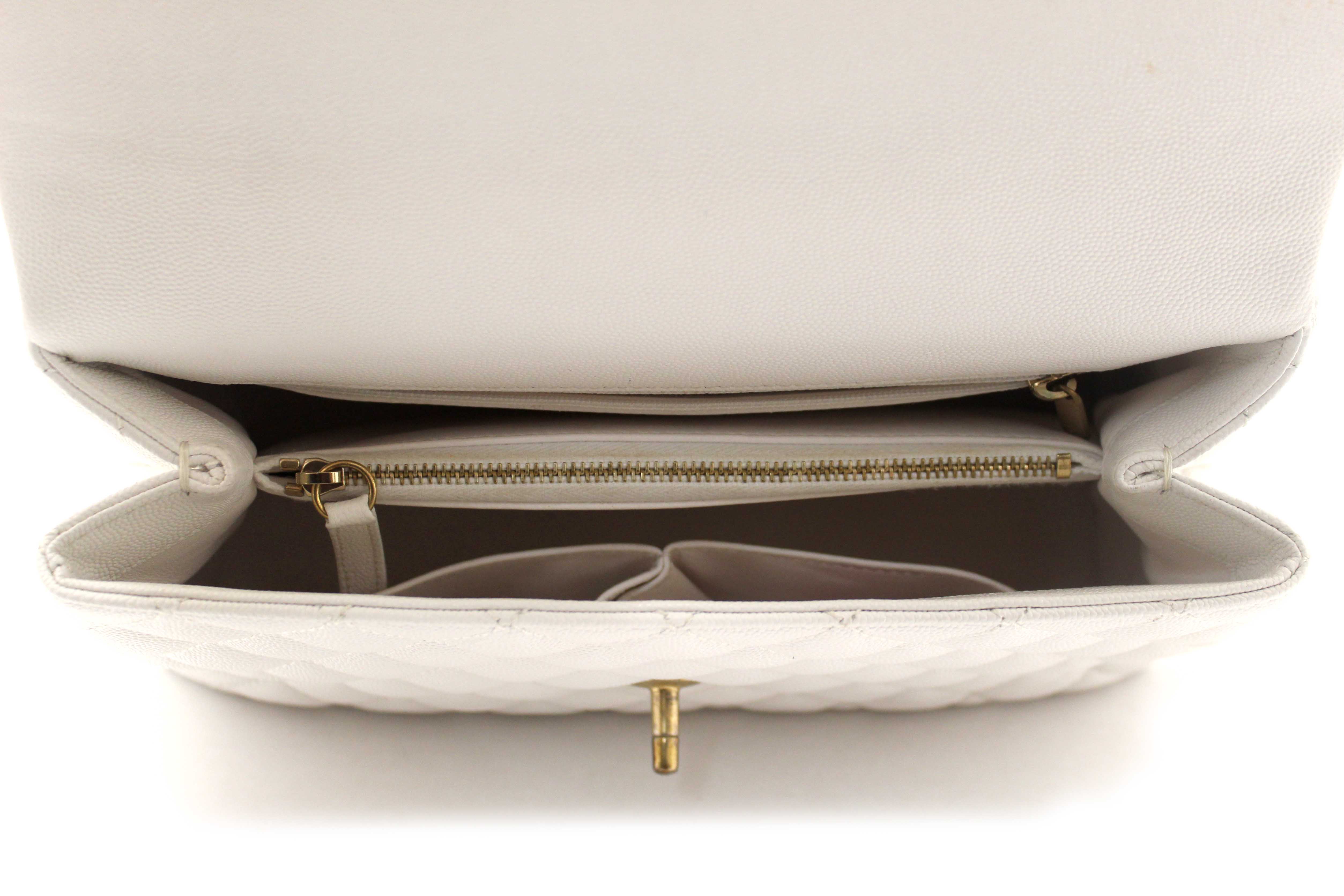 Authentic Chanel Beige and White Quilted Caviar Leather Large CoCo Handle Flap Bag