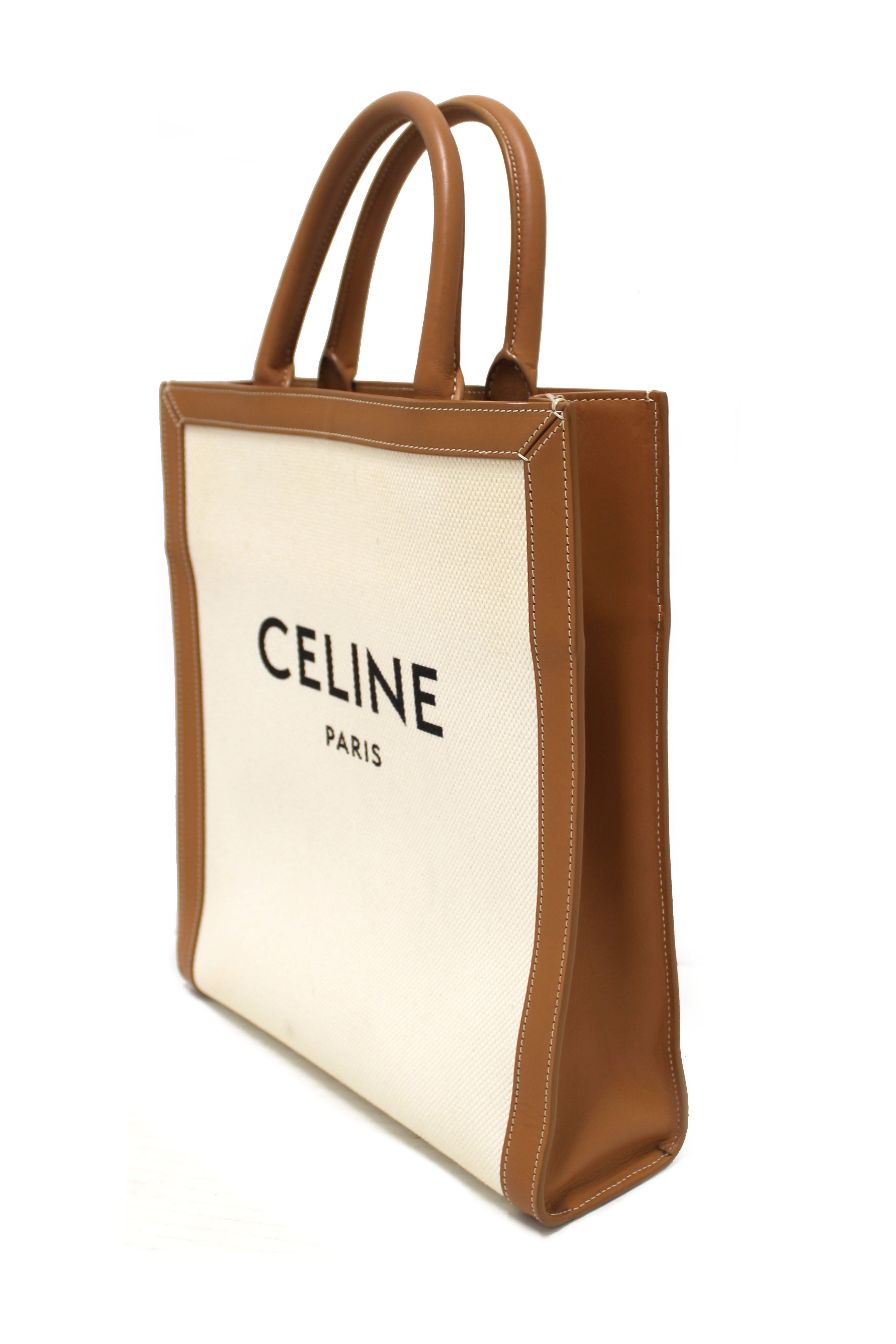 Authentic Celine Beige Canvas with Brown Calfskin Logo Print Small Vertical Cabas
