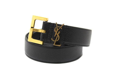 Authentic Yves Saint Laurent YSL Black Leather Cassandre Thin Box Belt 85