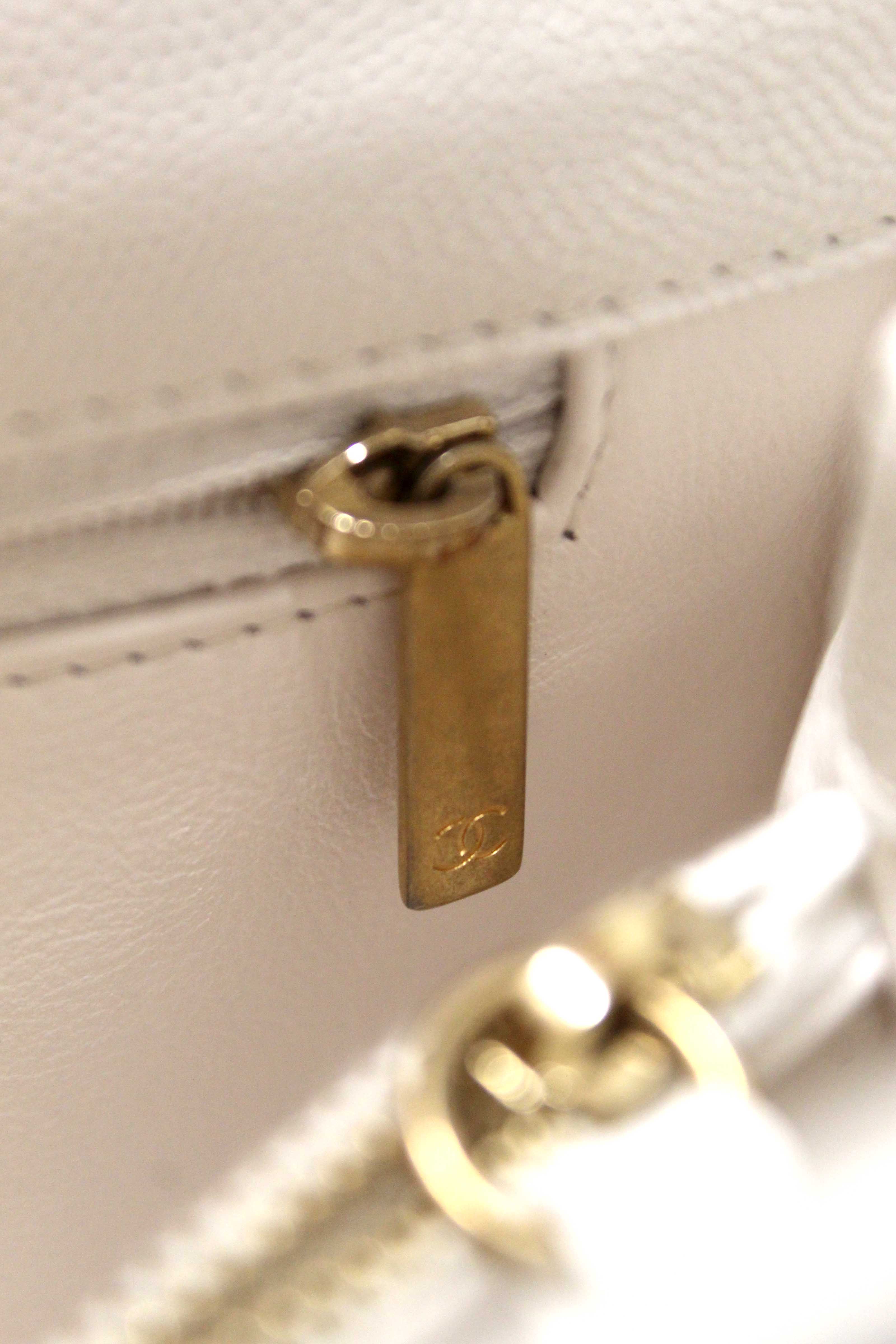 Authentic Chanel Beige and White Quilted Caviar Leather Large CoCo Handle Flap Bag