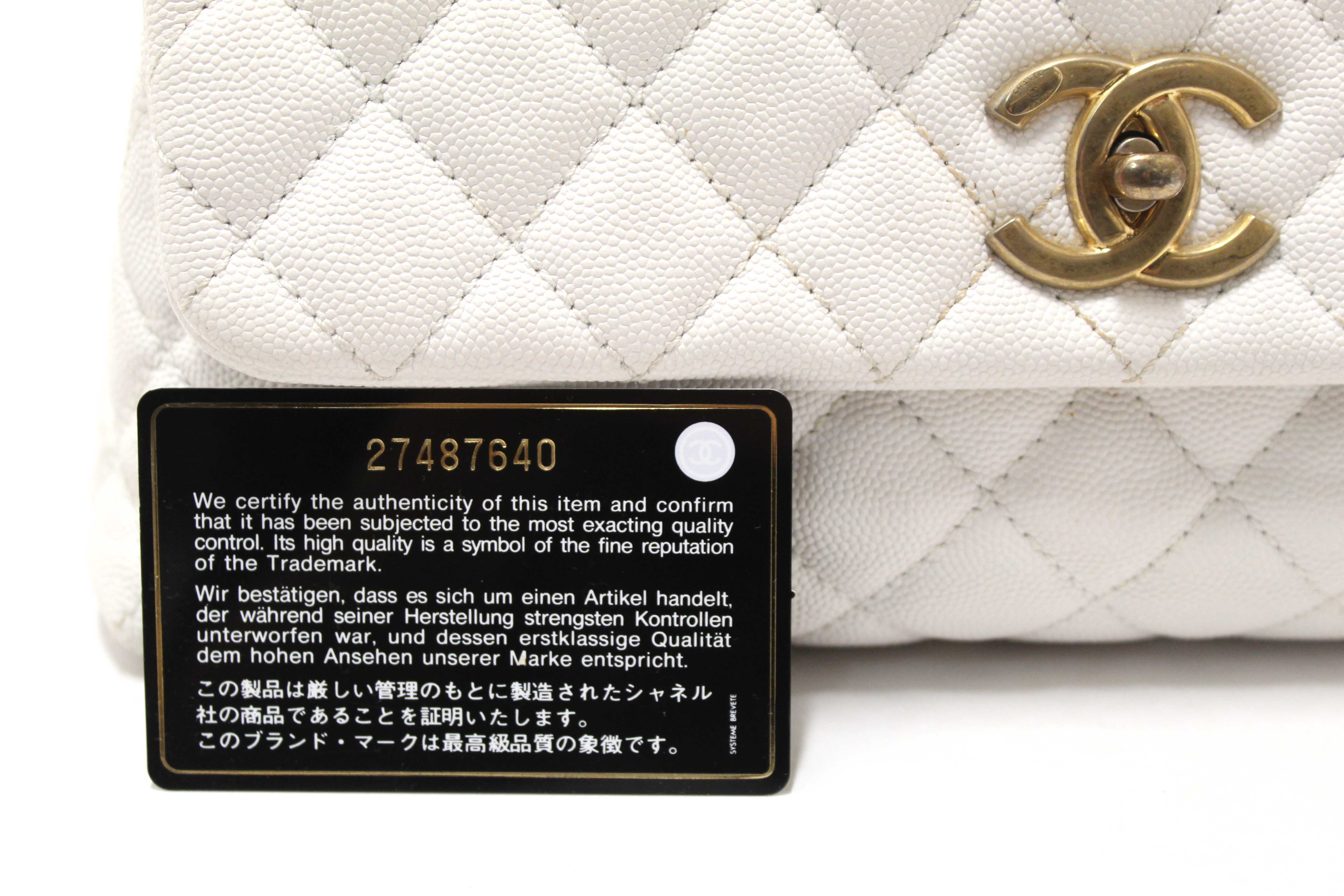 Authentic Chanel Beige and White Quilted Caviar Leather Large CoCo Handle Flap Bag