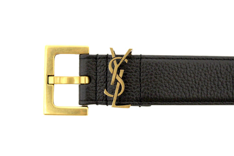Authentic Yves Saint Laurent YSL Black Leather Cassandre Thin Box Belt 85