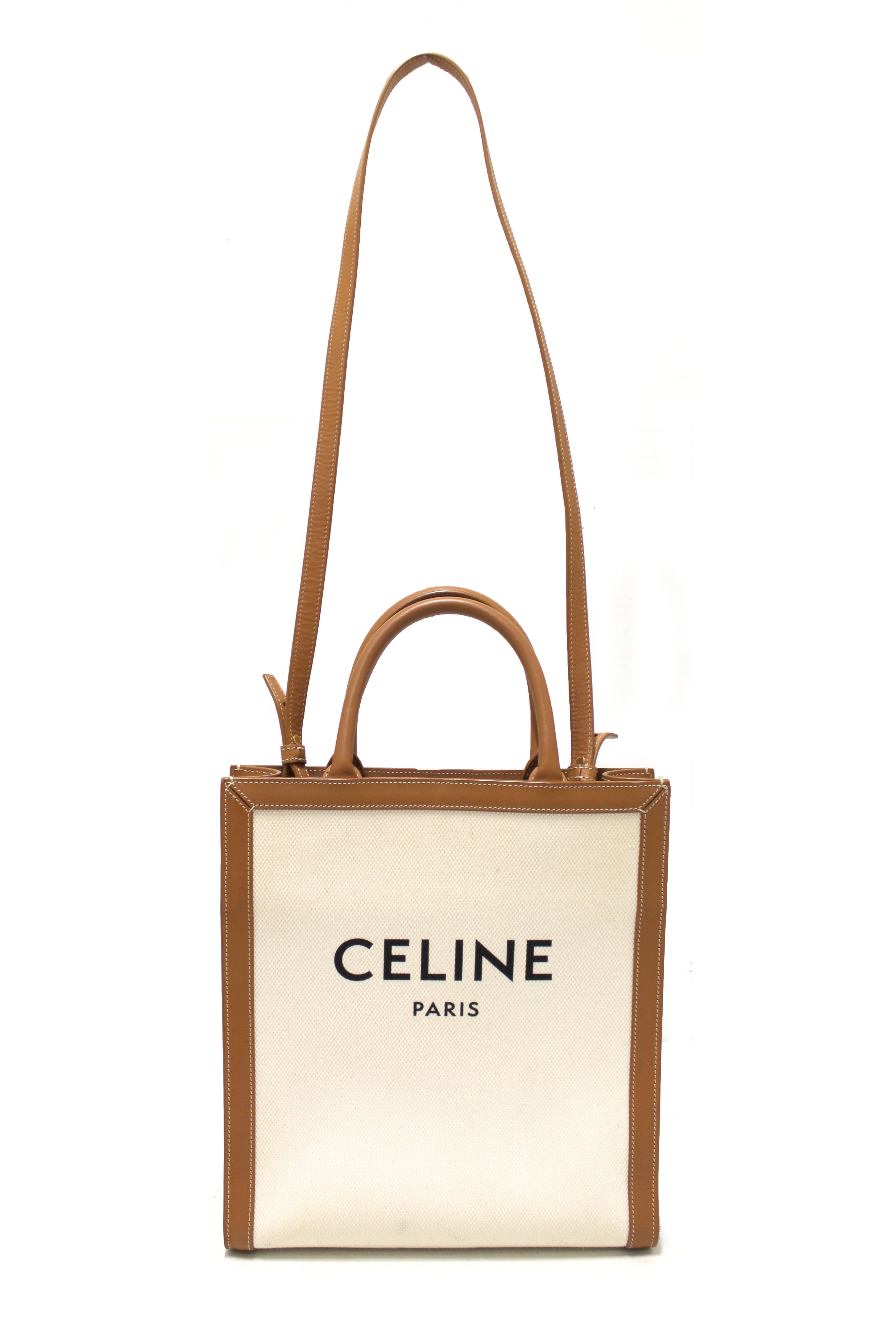 Authentic Celine Beige Canvas with Brown Calfskin Logo Print Small Vertical Cabas