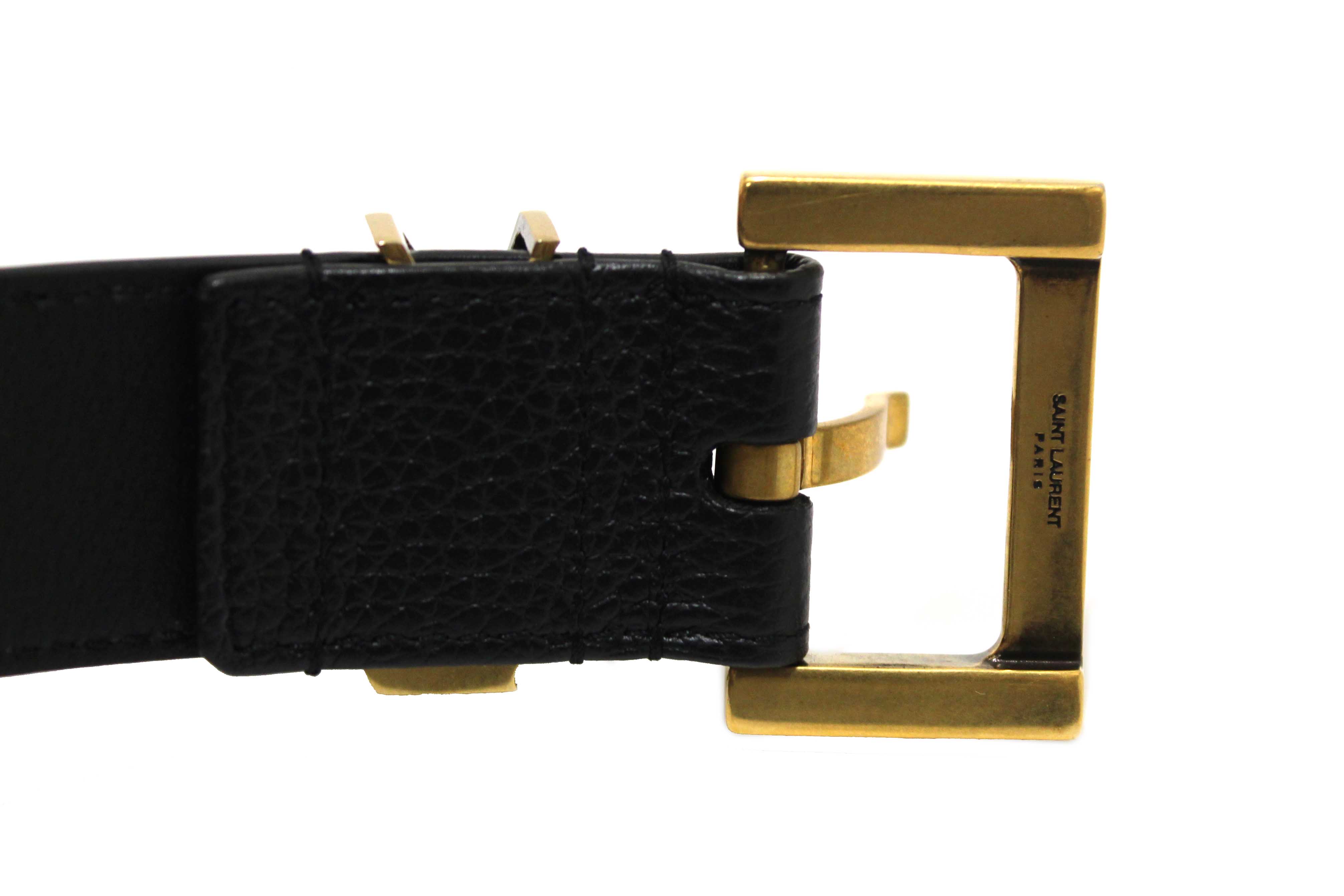 Authentic Yves Saint Laurent YSL Black Leather Cassandre Thin Box Belt 85