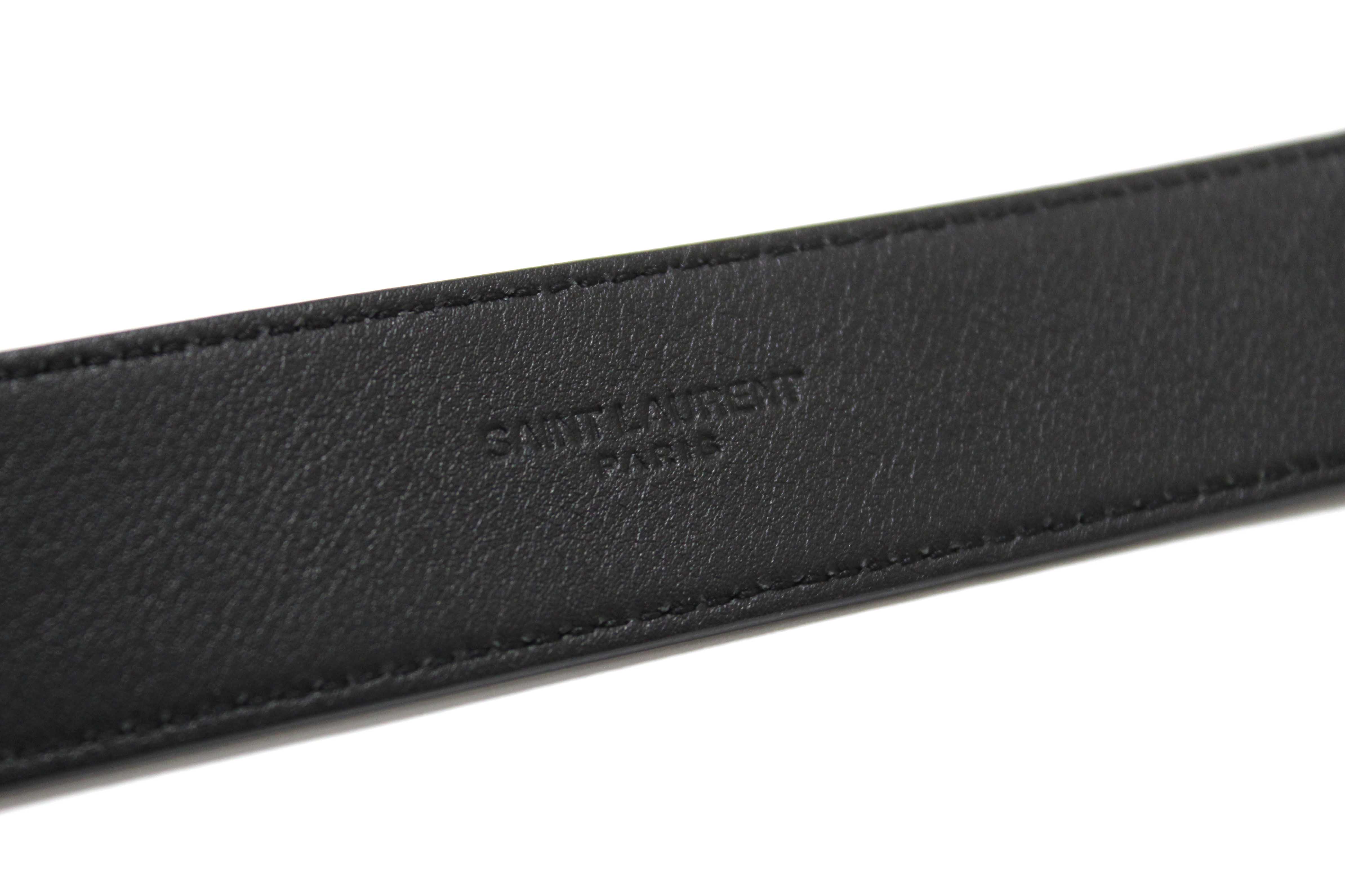 Authentic Yves Saint Laurent YSL Black Leather Cassandre Thin Box Belt 85