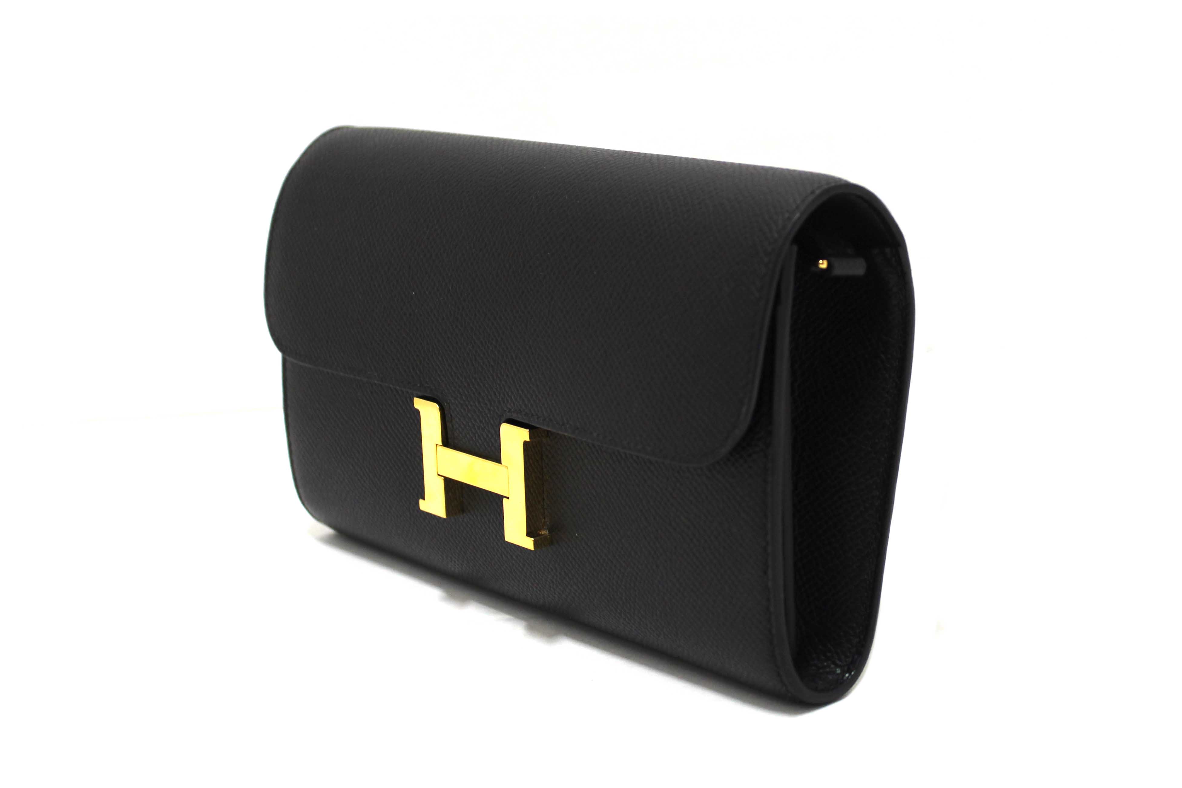 Authentic Hermes Black Epsom Leather Constance To Go Wallet Crossbody Bag