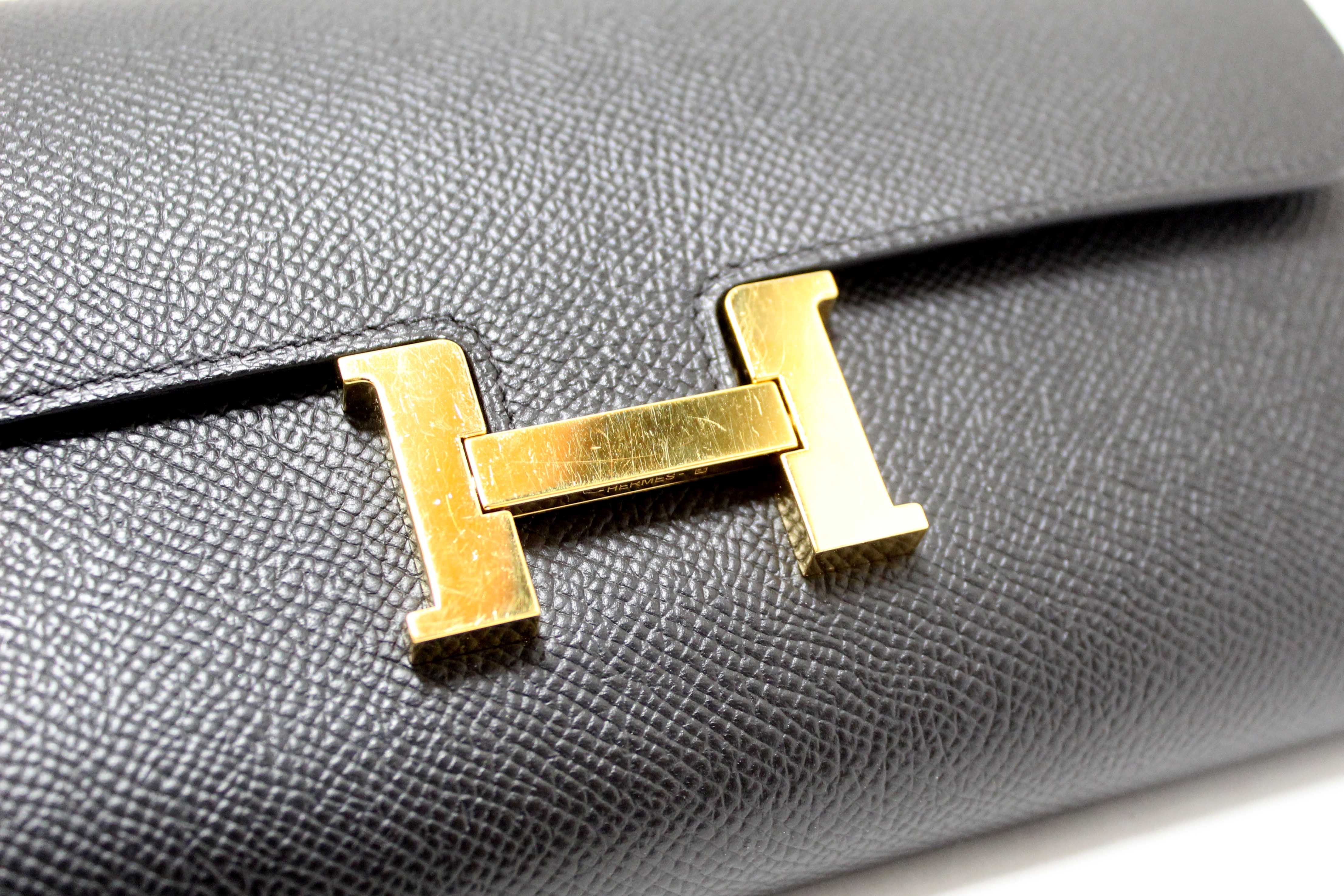 Authentic Hermes Black Epsom Leather Constance To Go Wallet Crossbody Bag
