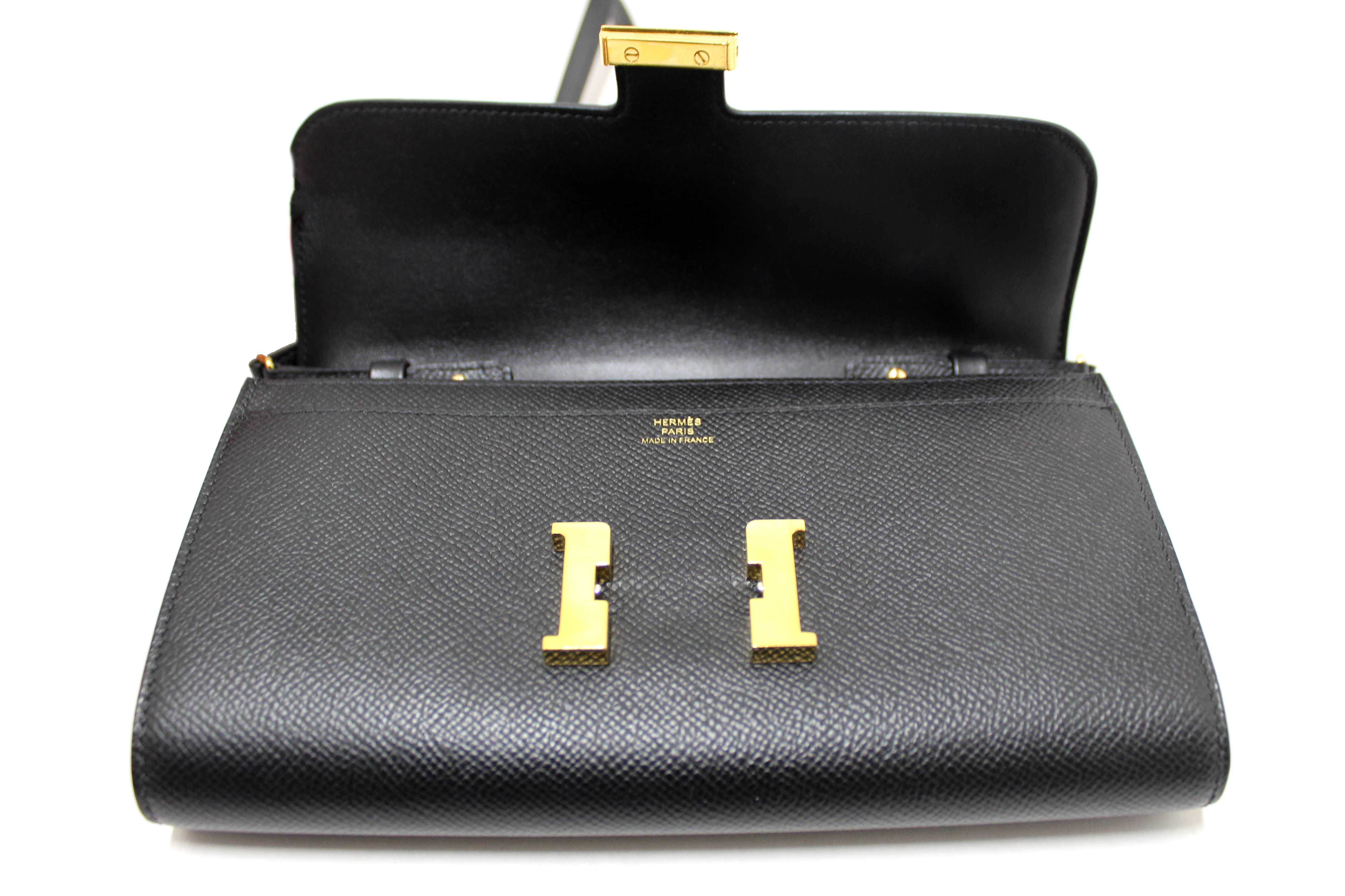 Authentic Hermes Black Epsom Leather Constance To Go Wallet Crossbody Bag