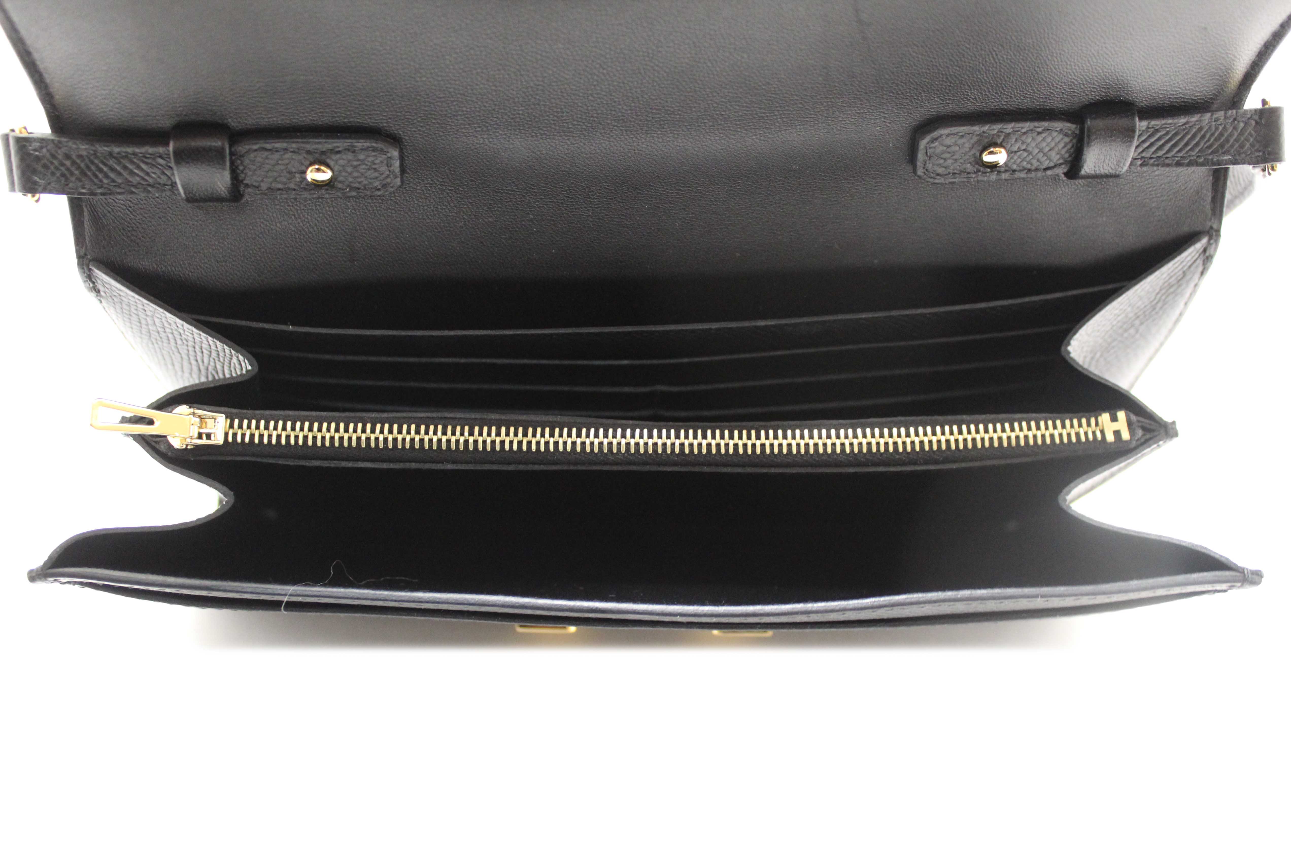 Authentic Hermes Black Epsom Leather Constance To Go Wallet Crossbody Bag