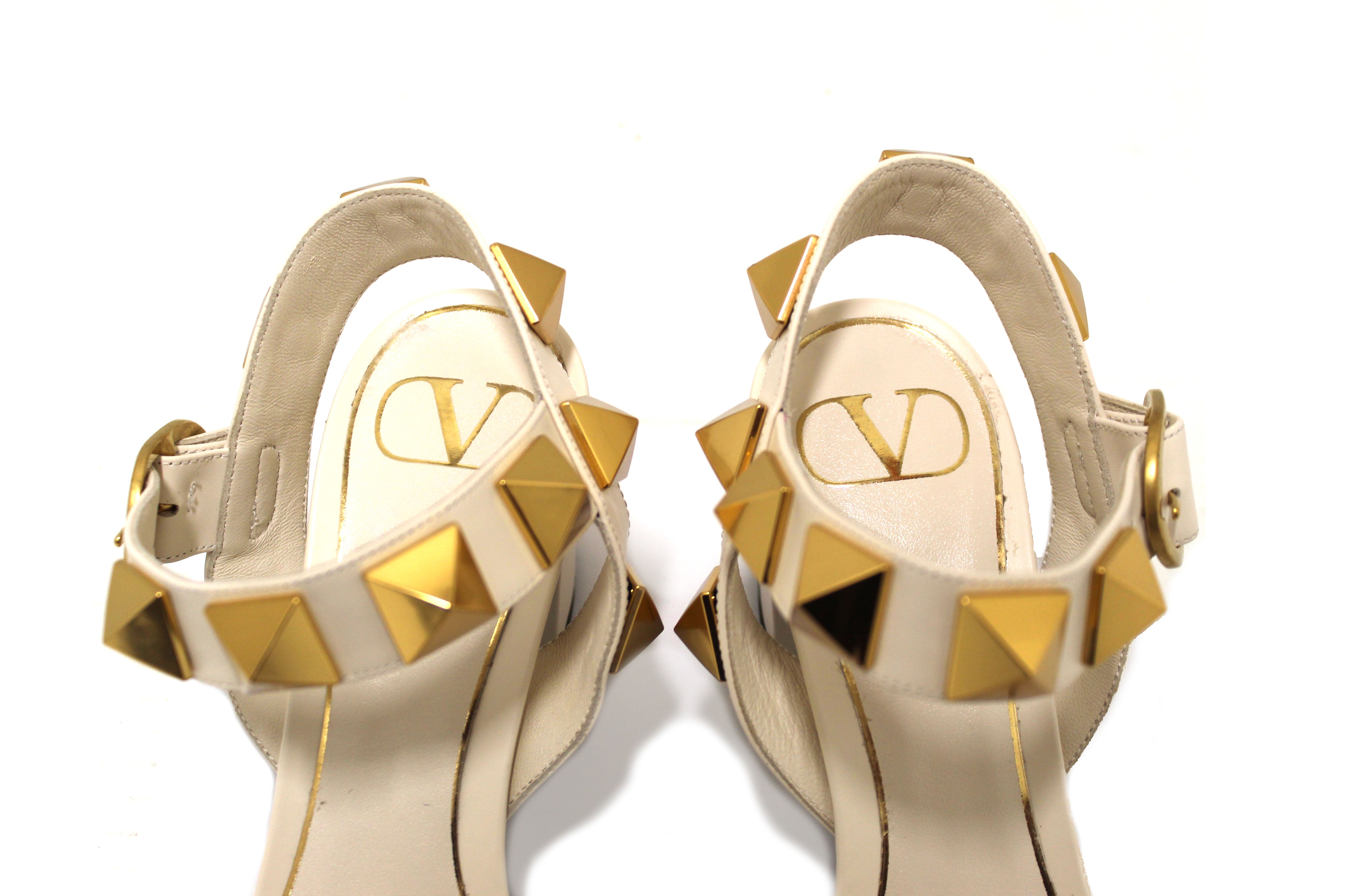 Authentic NEW Valentino Garavani White Leather Roman Stud Ankle-Strap Sandals Size 38.5