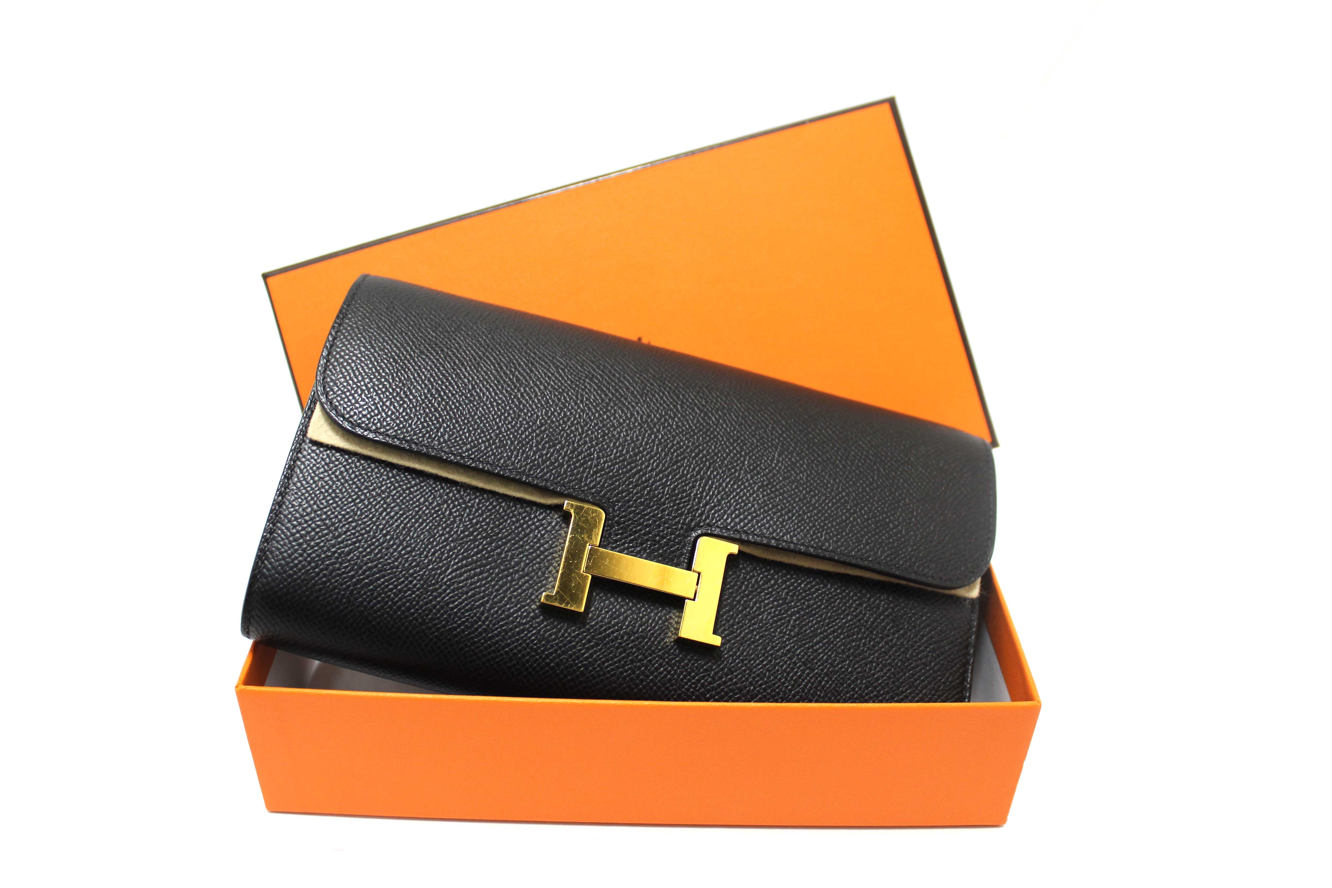 Authentic Hermes Black Epsom Leather Constance To Go Wallet Crossbody Bag