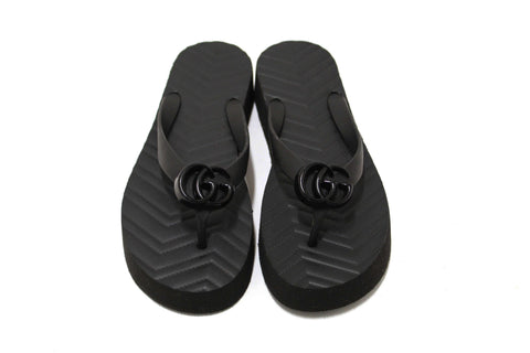 Authentic Gucci Black Rubber Chevron Womens GG Thong Sandals 38