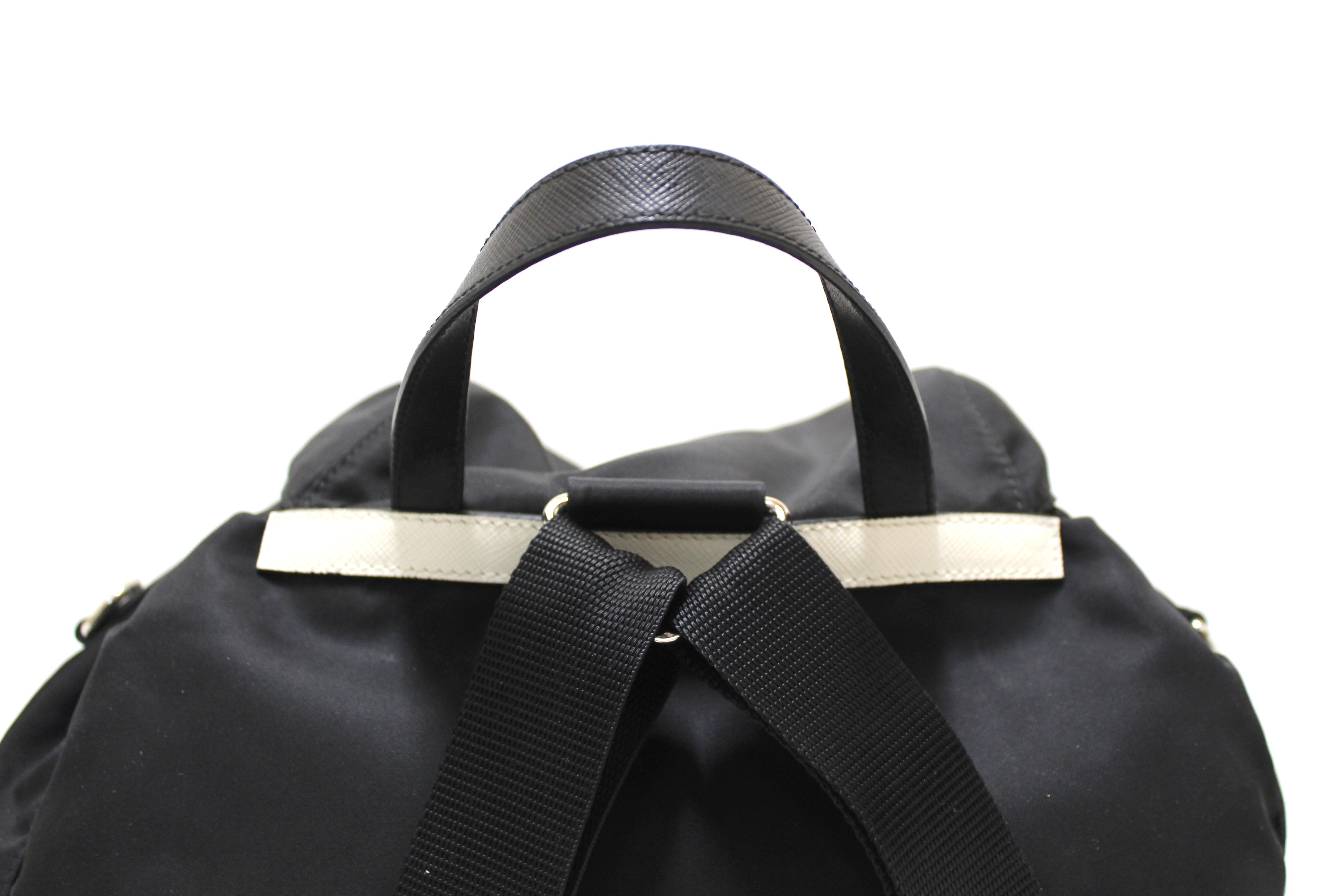 Authentic Prada Black Nylon with Blue/White Leather Strap Elektra Tessuto Backpack