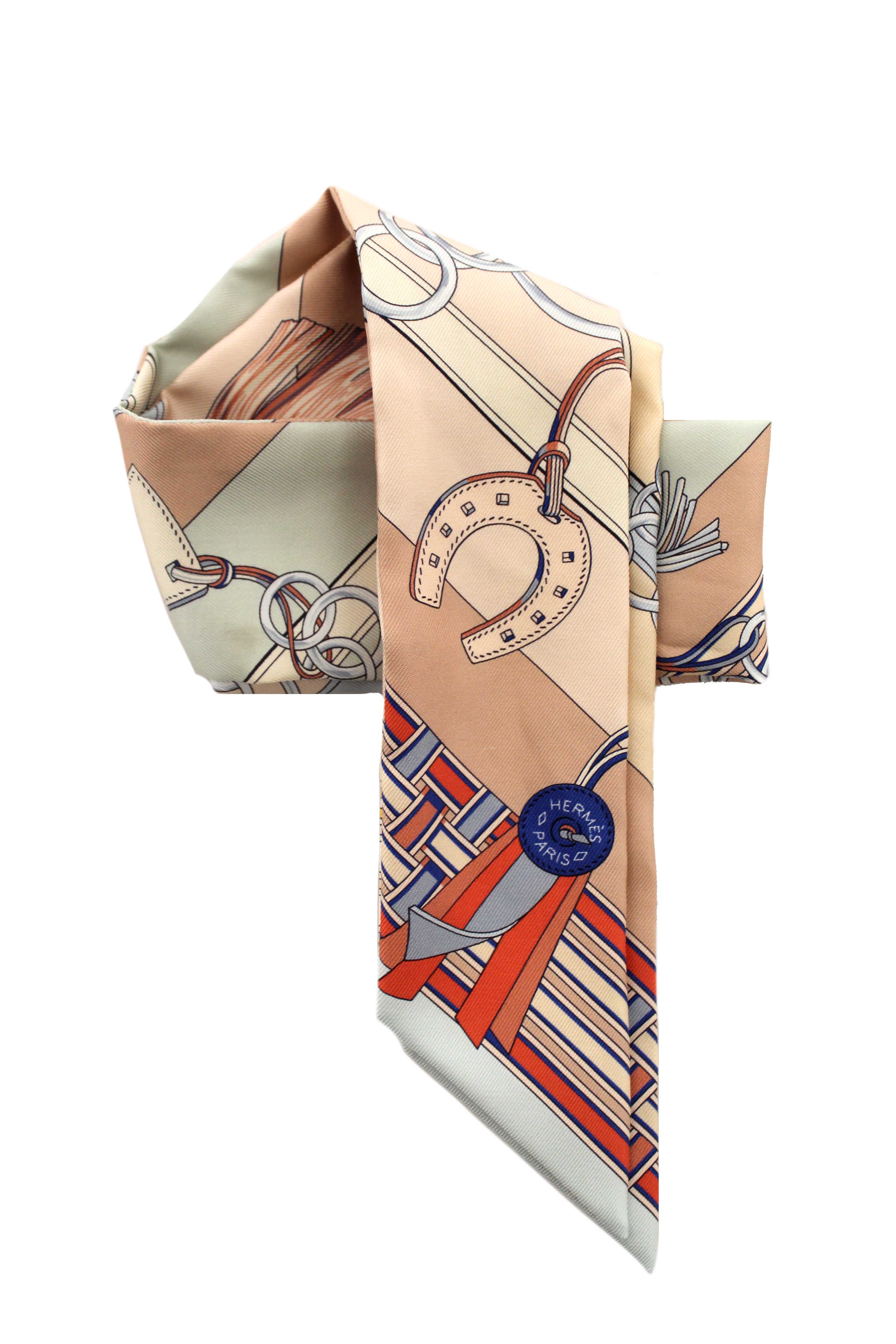 Authentic Hermes Pink Silk Brides Et Gris Gris Twilly Bandeau Scarf