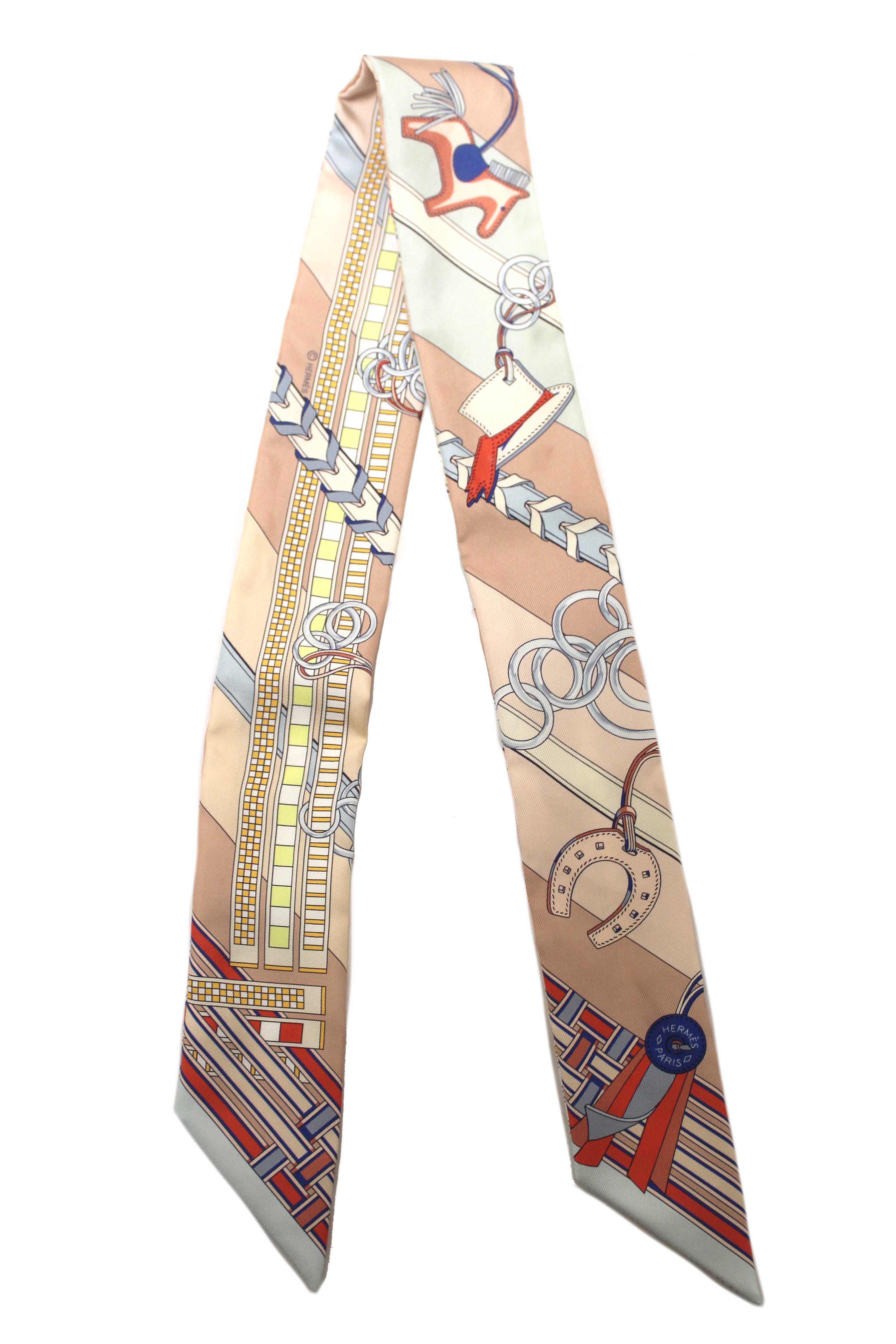 Authentic Hermes Pink Silk Brides Et Gris Gris Twilly Bandeau Scarf