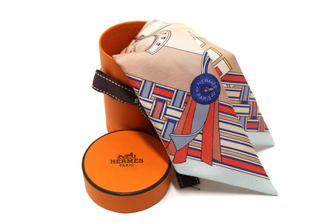 Authentic Hermes Pink Silk Brides Et Gris Gris Twilly Bandeau Scarf