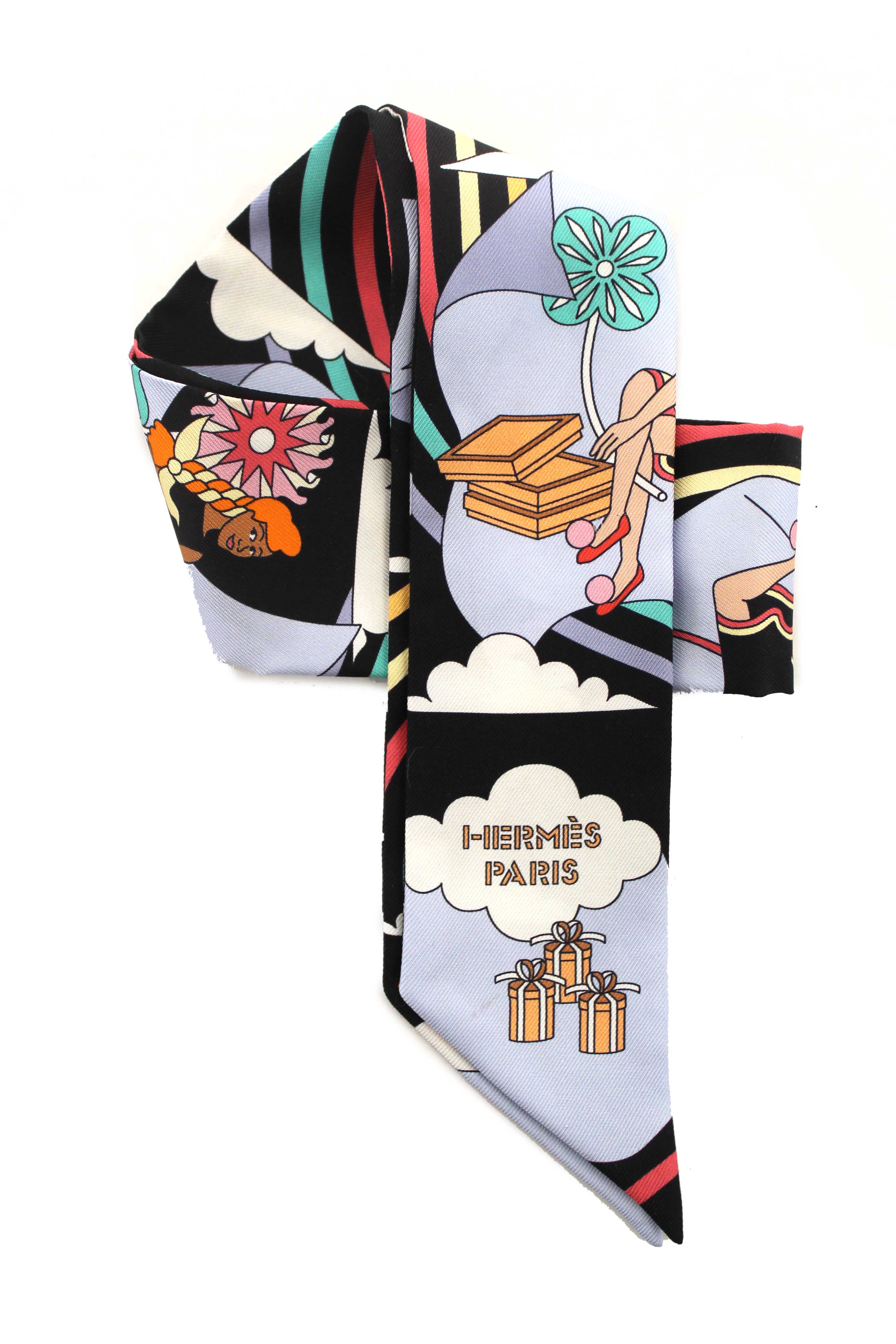 Authentic Hermes Blue Multicolor Silk Carres Volants Twilly Bandeau Scarf