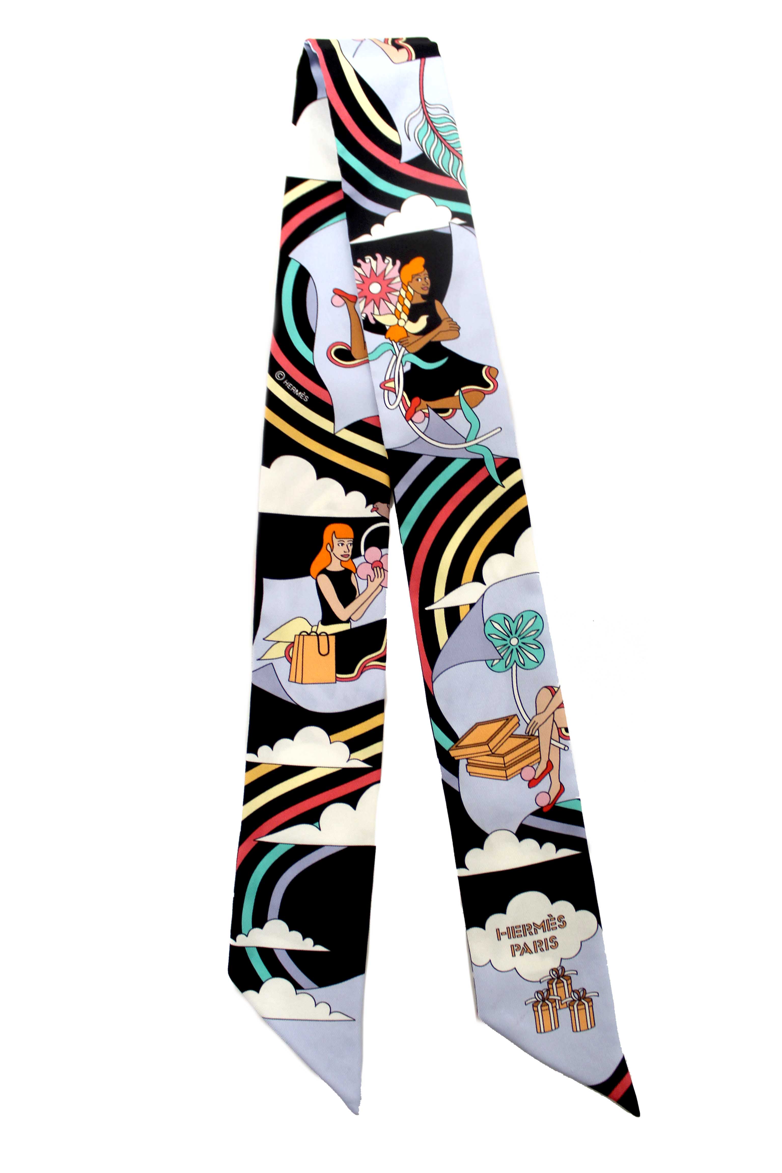 Authentic Hermes Blue Multicolor Silk Carres Volants Twilly Bandeau Scarf