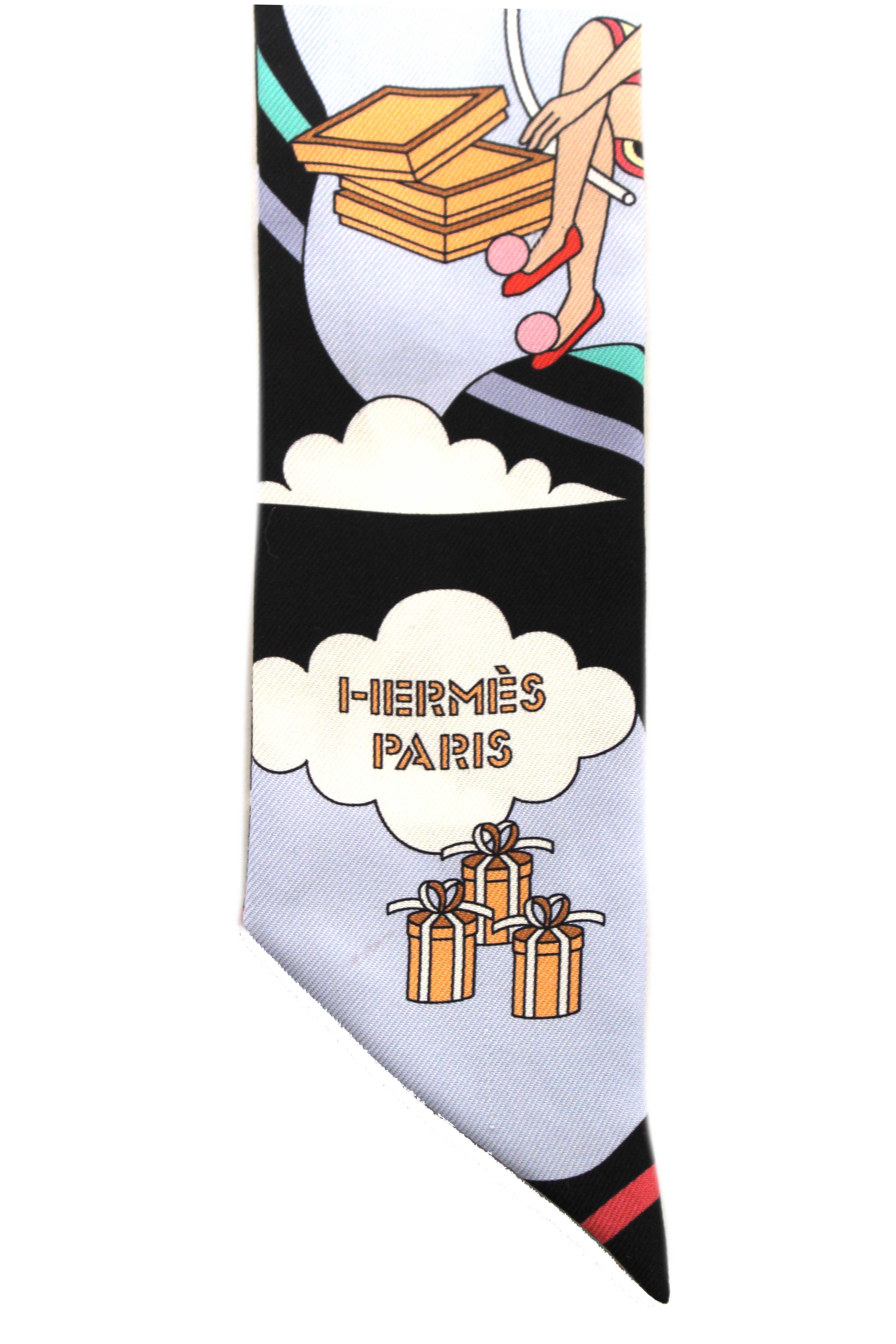 Authentic Hermes Blue Multicolor Silk Carres Volants Twilly Bandeau Scarf