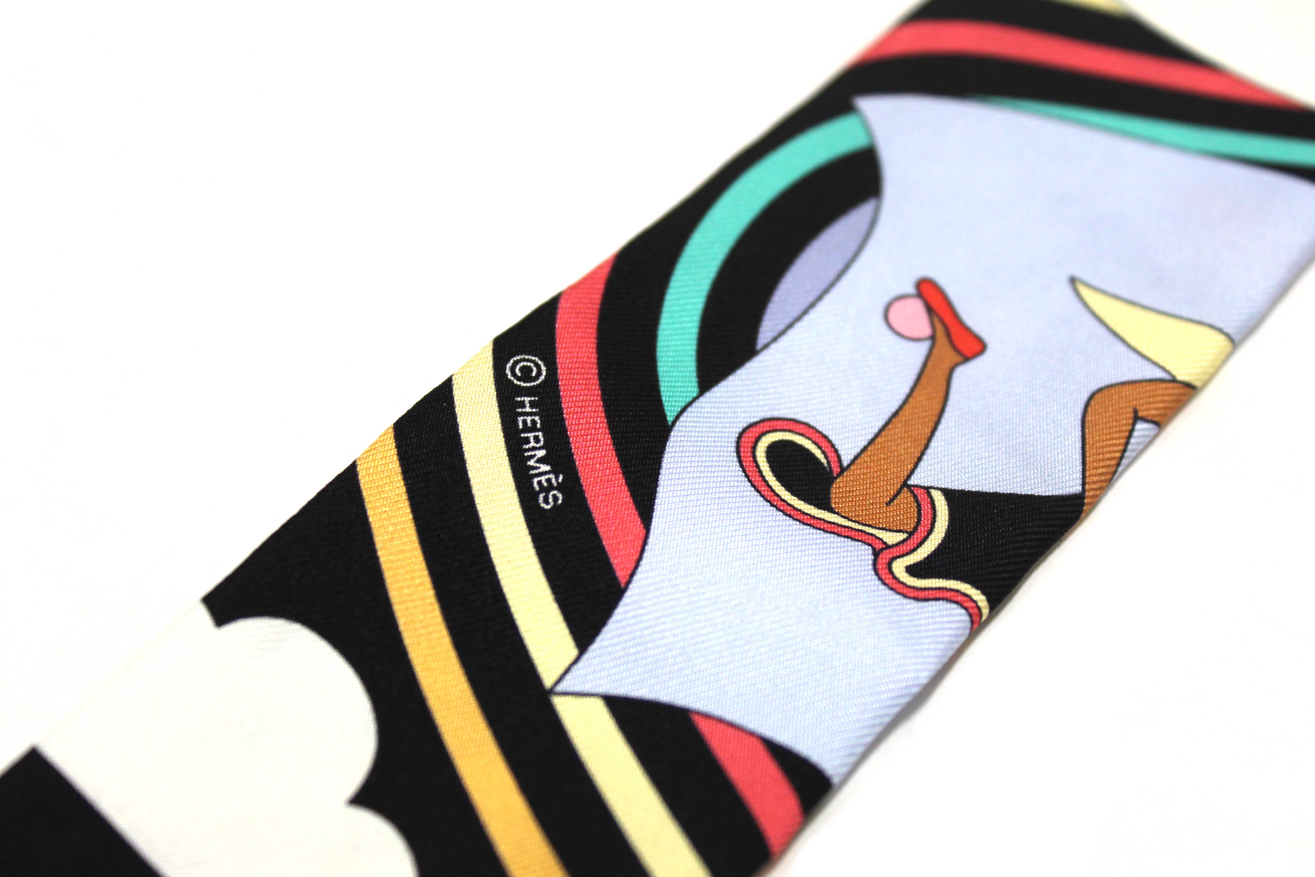 Authentic Hermes Blue Multicolor Silk Carres Volants Twilly Bandeau Scarf