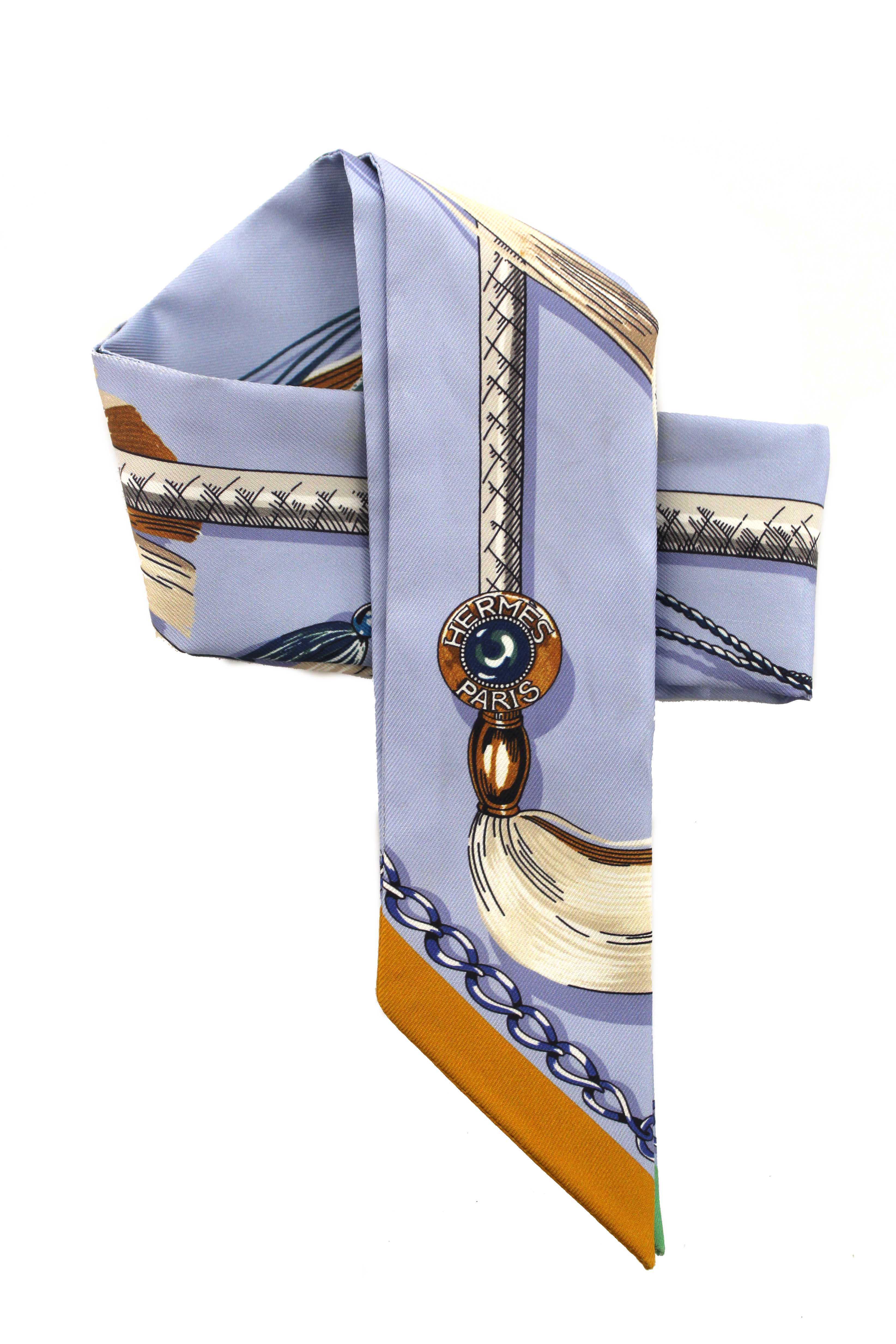 Authentic Hermes Blue Silk Cavalcades Twilly Bandeau Scarf