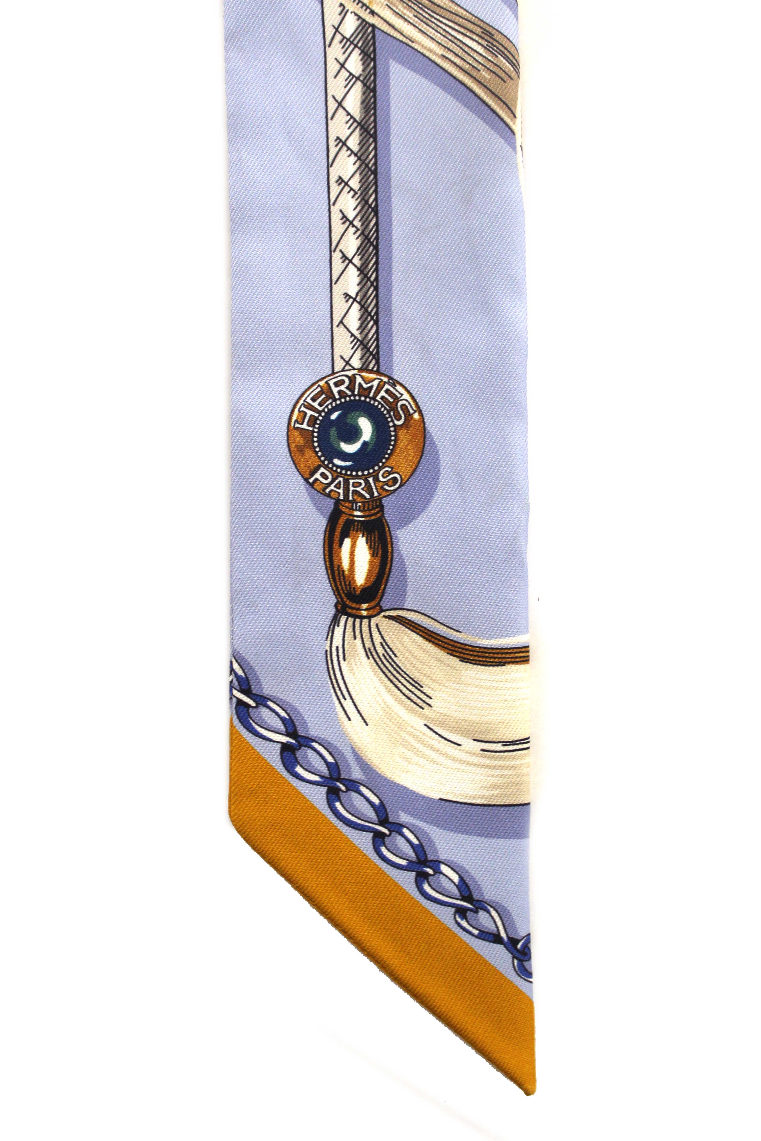Authentic Hermes Blue Silk Cavalcades Twilly Bandeau Scarf