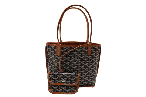 Authentic Goyard Black and Brown Goyardine Canvas Anjou Mini Tote Bag