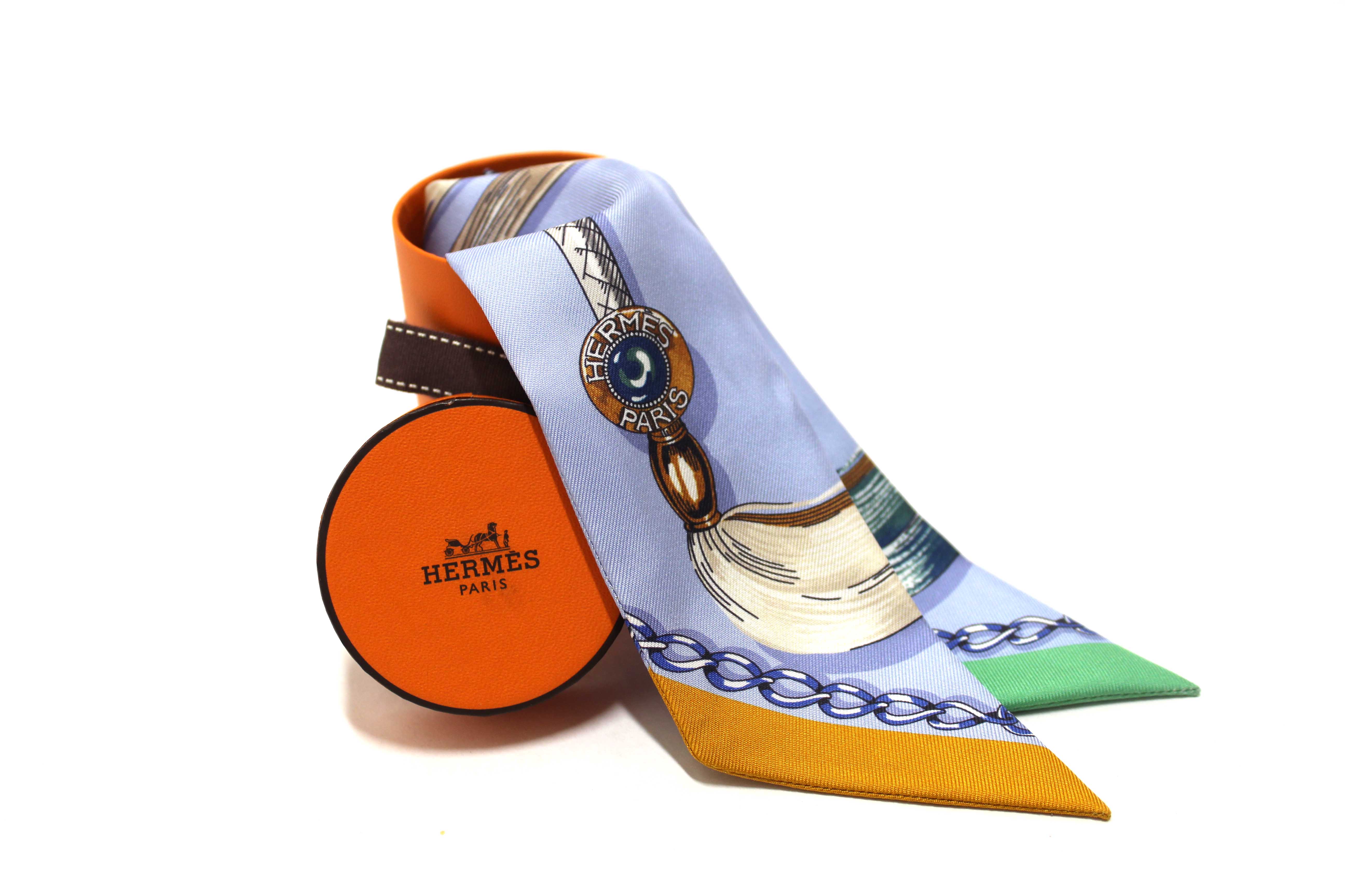 Authentic Hermes Blue Silk Cavalcades Twilly Bandeau Scarf