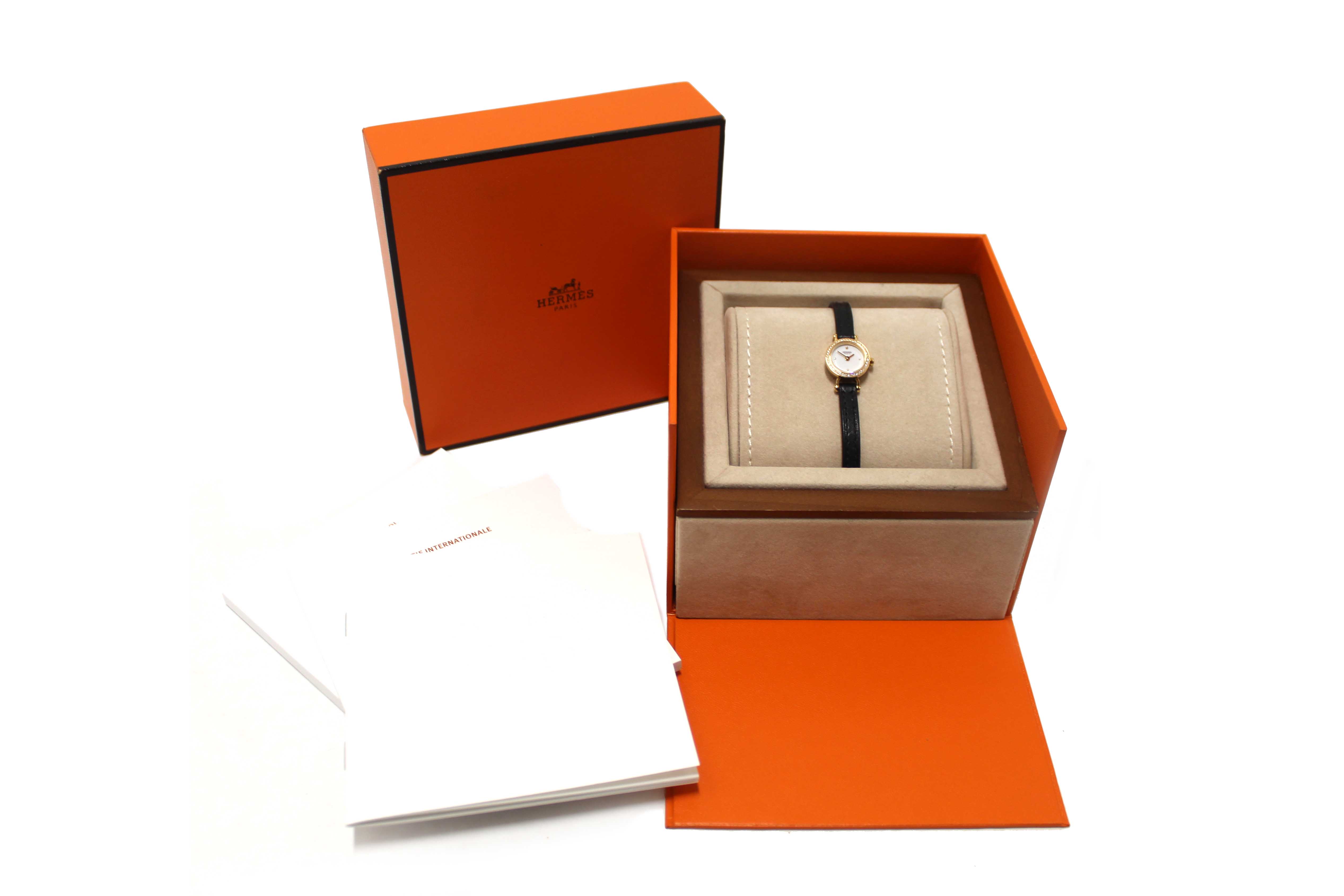 Authentic New Hermes Faubourg Diamond Mini Yellow Gold Leather Strap Watch