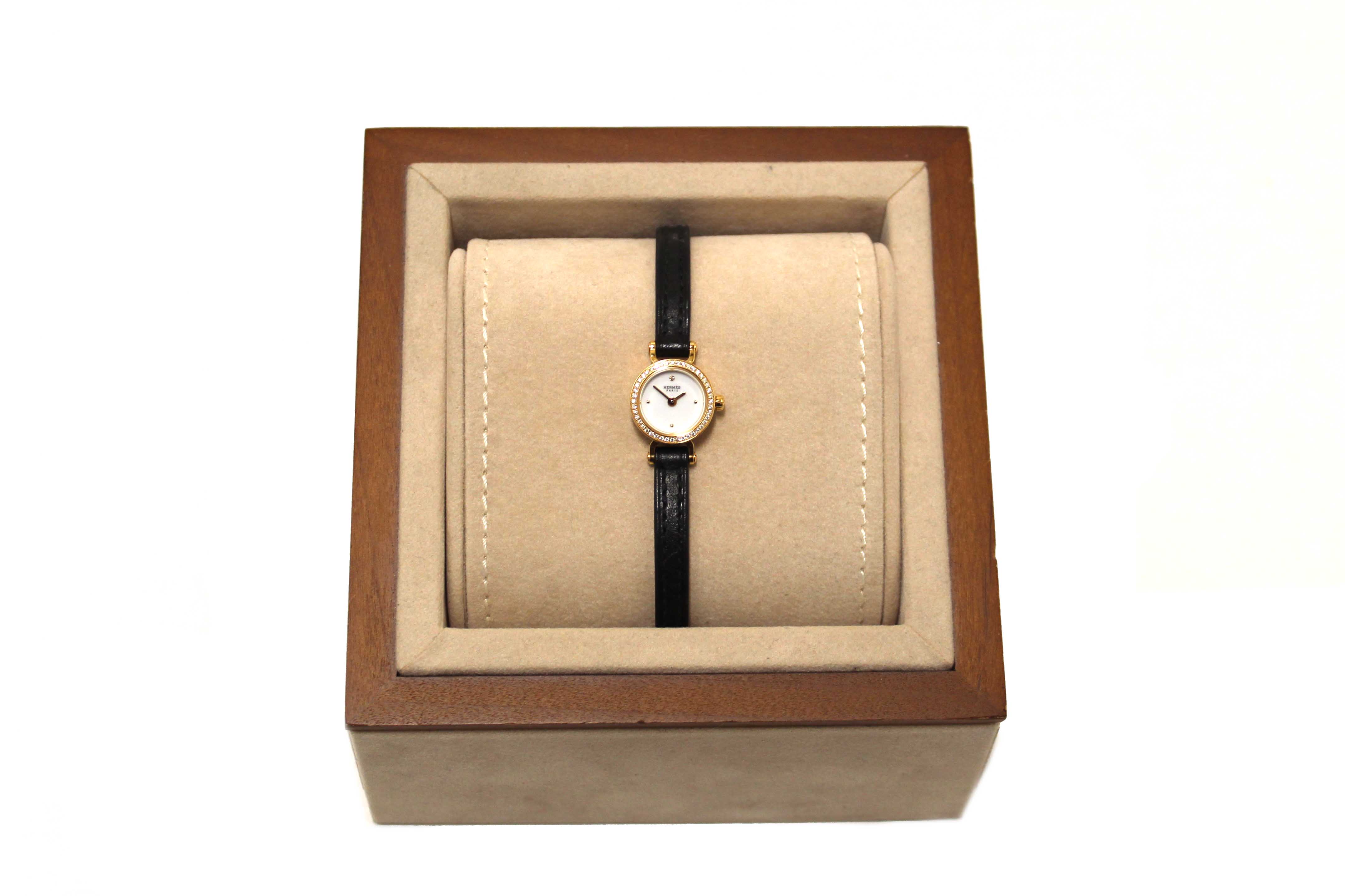 Authentic New Hermes Faubourg Diamond Mini Yellow Gold Leather Strap Watch