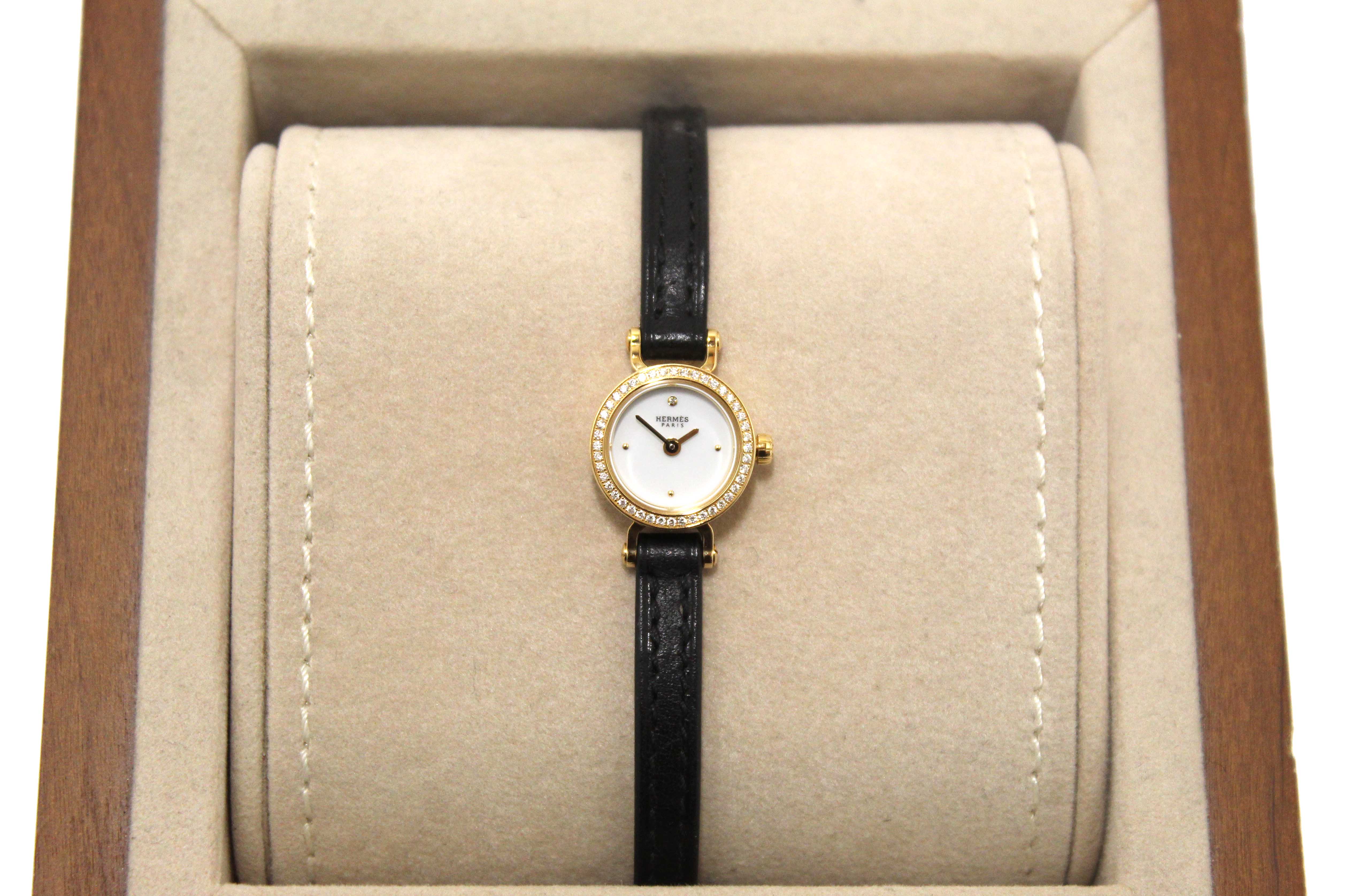 Authentic New Hermes Faubourg Diamond Mini Yellow Gold Leather Strap Watch