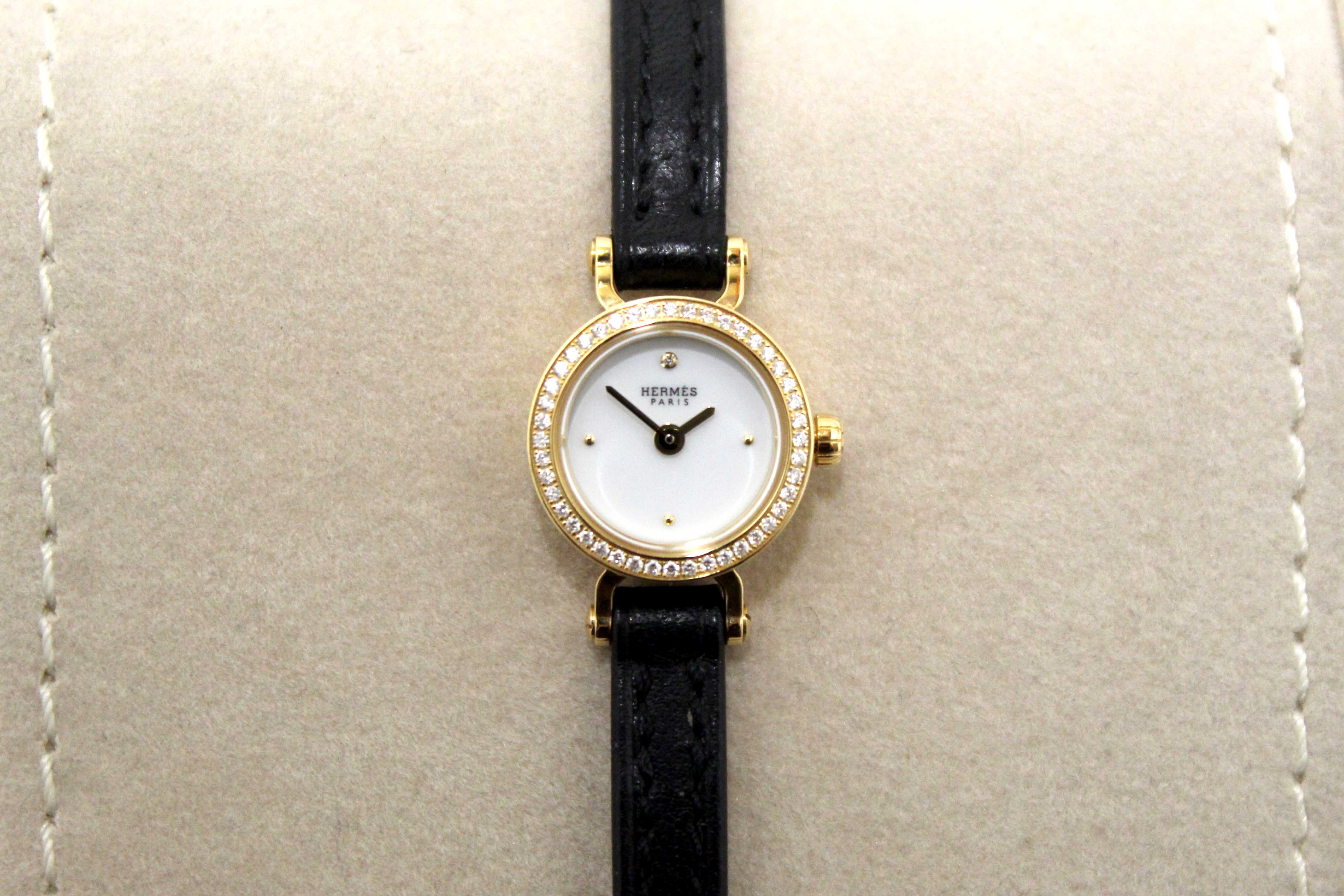 Authentic New Hermes Faubourg Diamond Mini Yellow Gold Leather Strap Watch