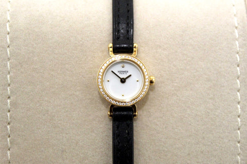 Authentic New Hermes Faubourg Diamond Mini Yellow Gold Leather Strap Watch