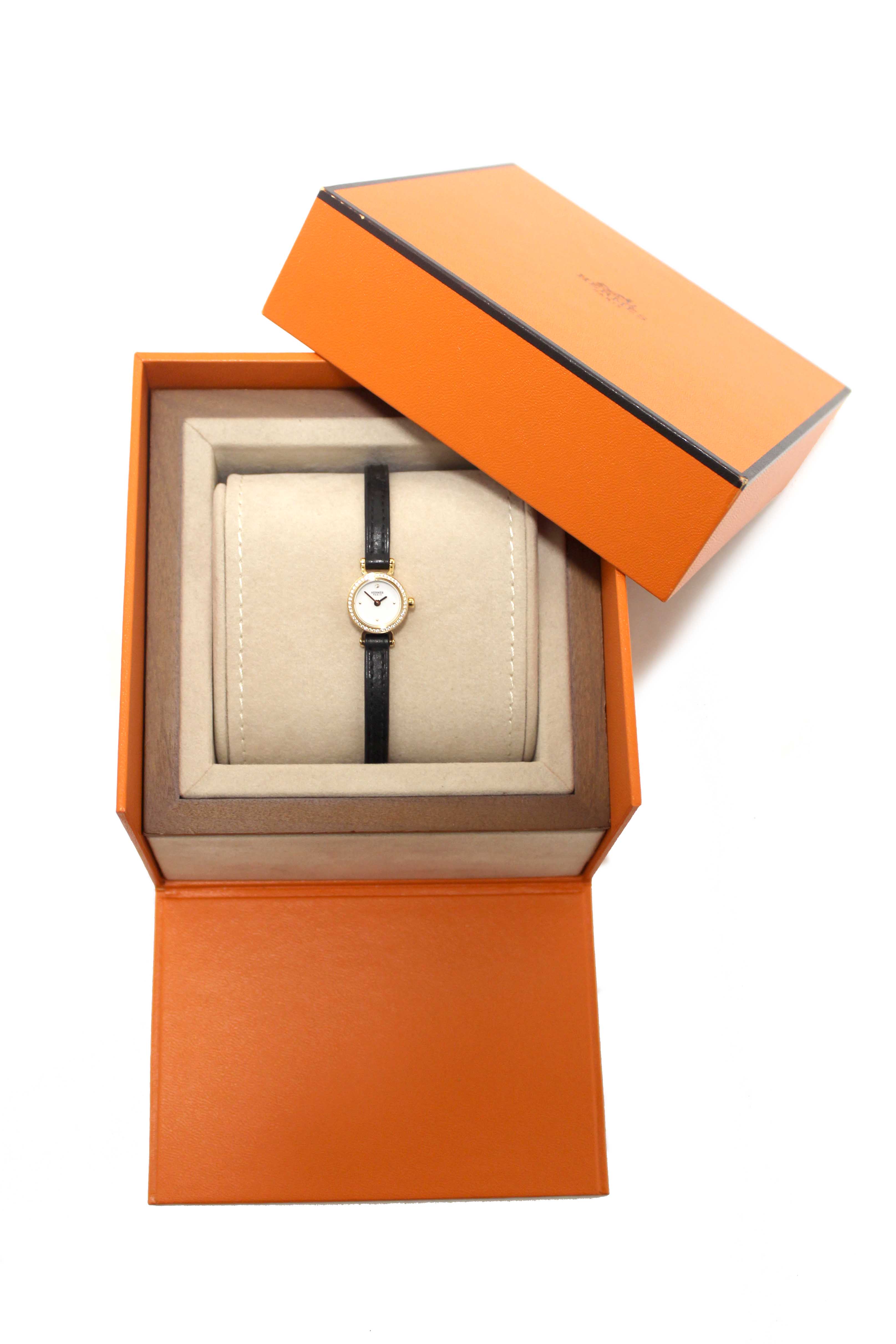 Authentic New Hermes Faubourg Diamond Mini Yellow Gold Leather Strap Watch