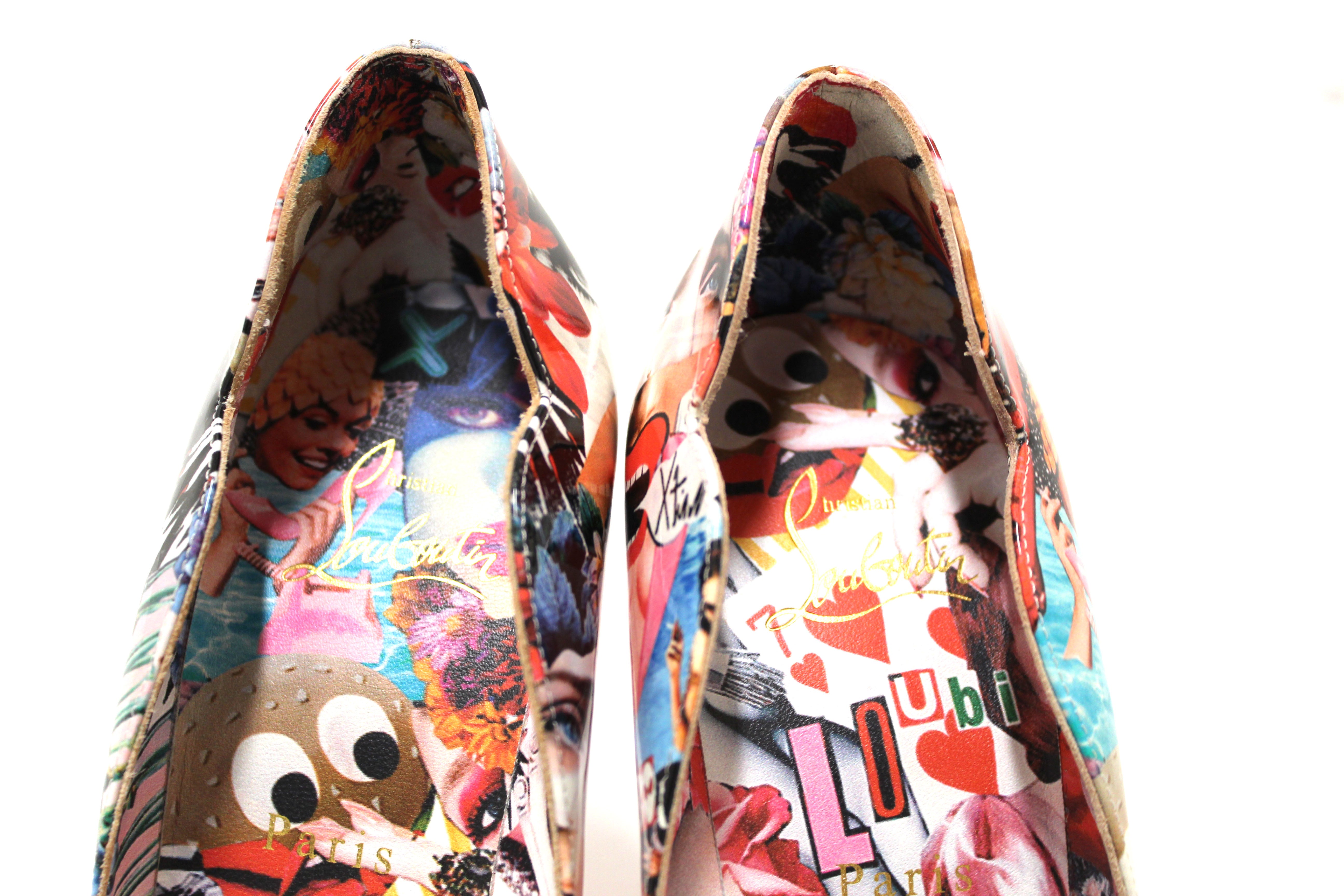 Authentic Christian Hot Chick Collage Print Patent Leather Pumps Size 38.5