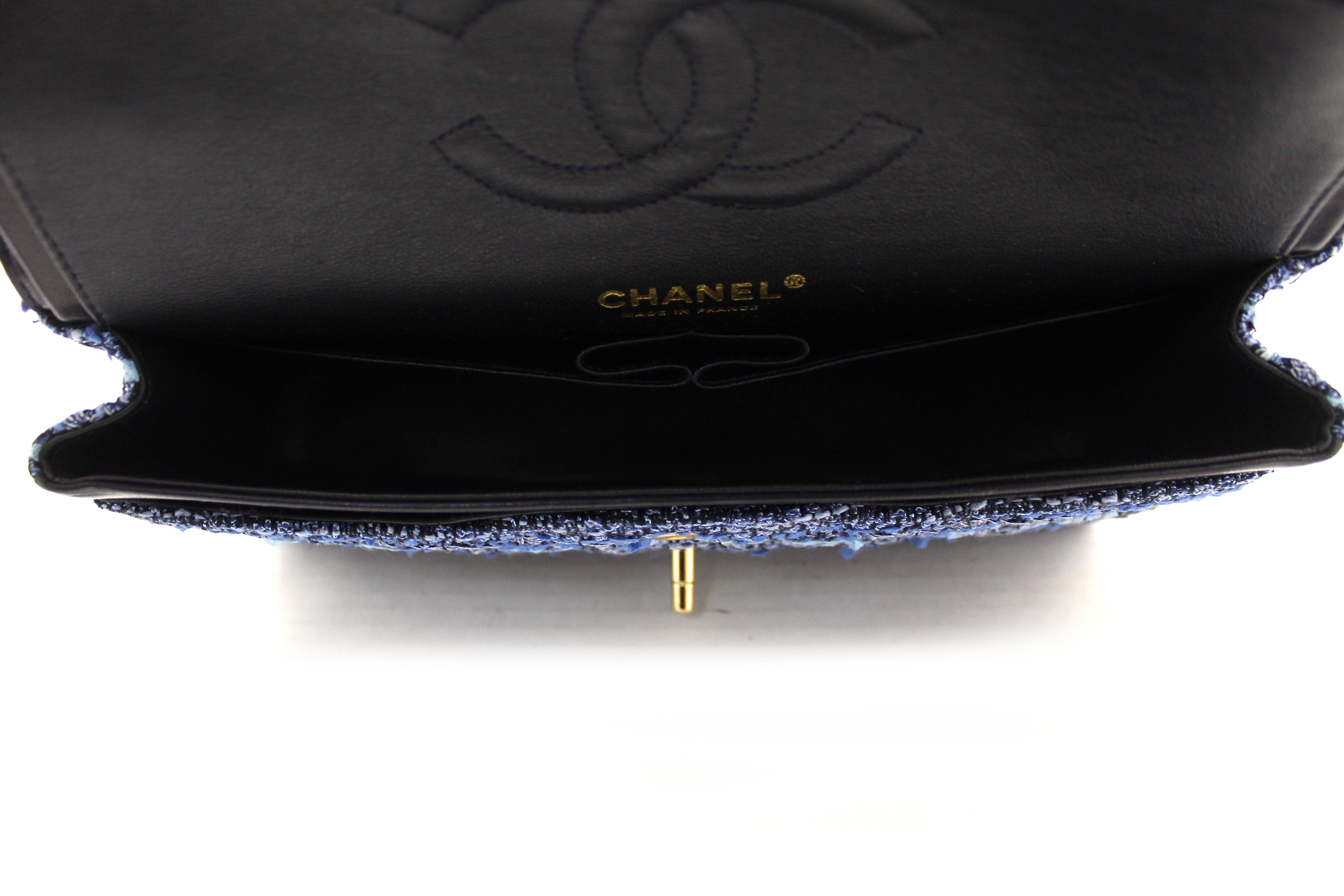 Authentic Chanel Blue Tweed and Leather Classic Medium Double Flap Shoulder Bag