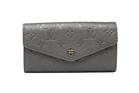Authentic Louis Vuitton Monogram Empreinte Shimmery Grey Crystal Flower Sarah Wallet