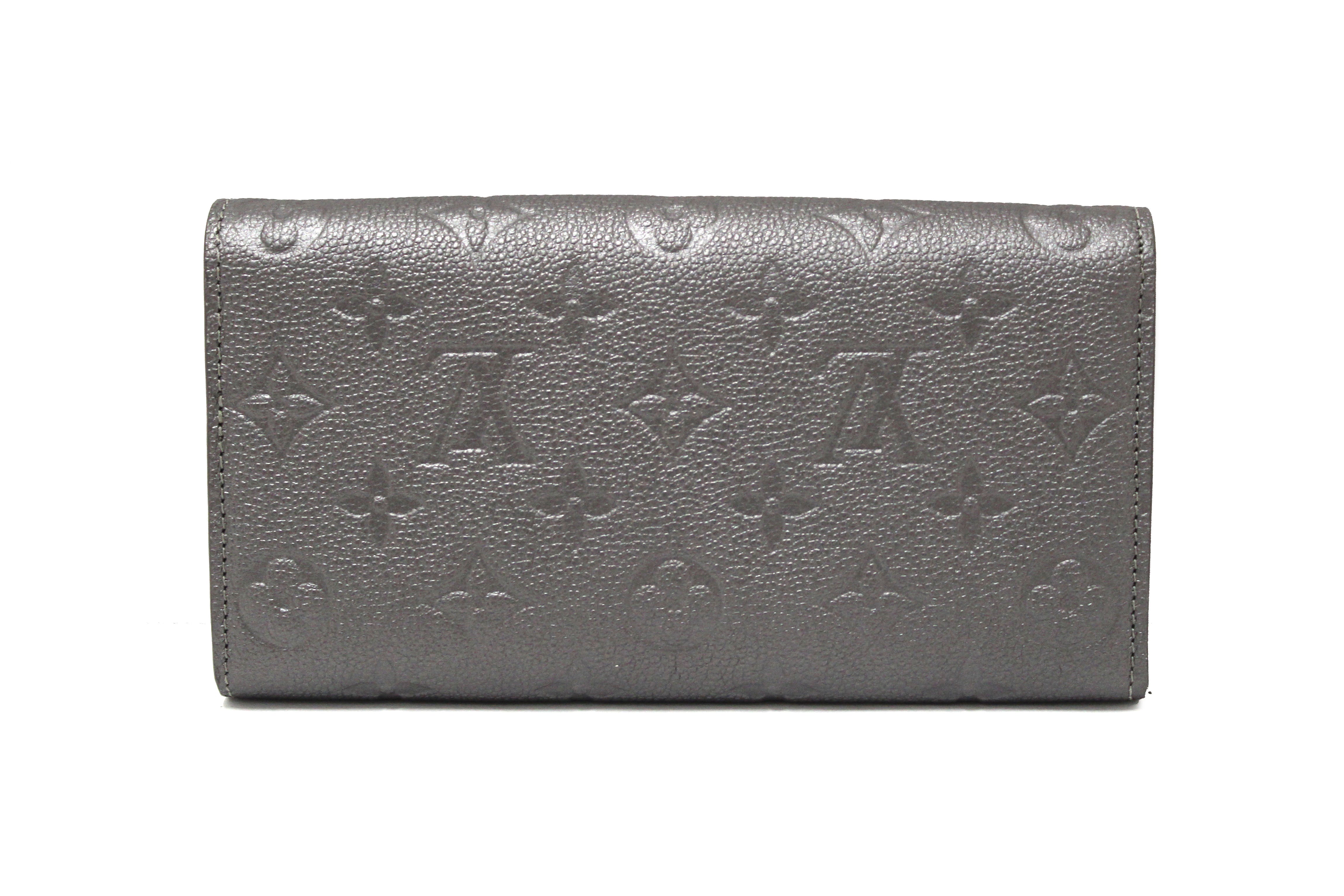 Authentic Louis Vuitton Monogram Empreinte Shimmery Grey Crystal Flower Sarah Wallet