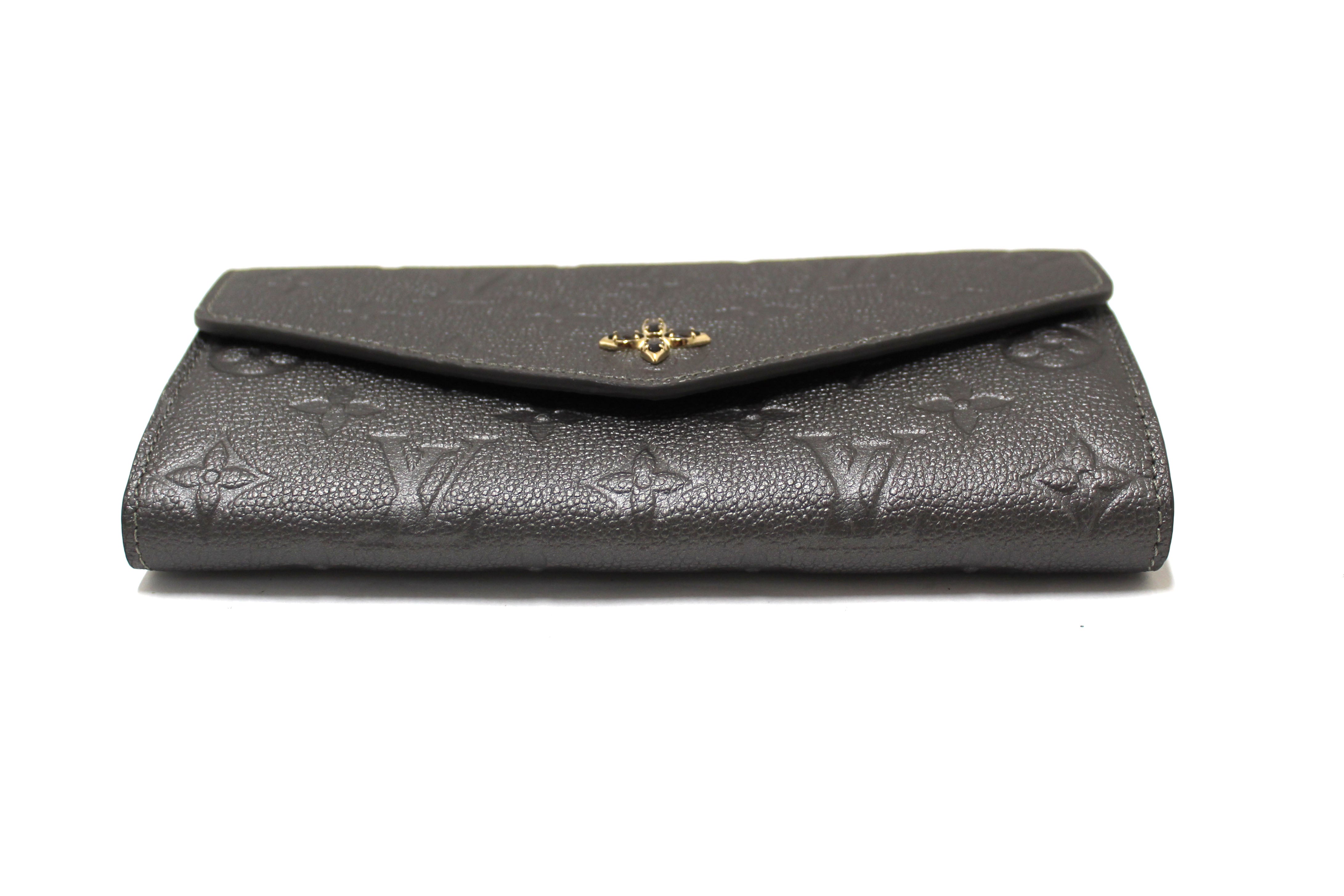 Authentic Louis Vuitton Monogram Empreinte Shimmery Grey Crystal Flower Sarah Wallet