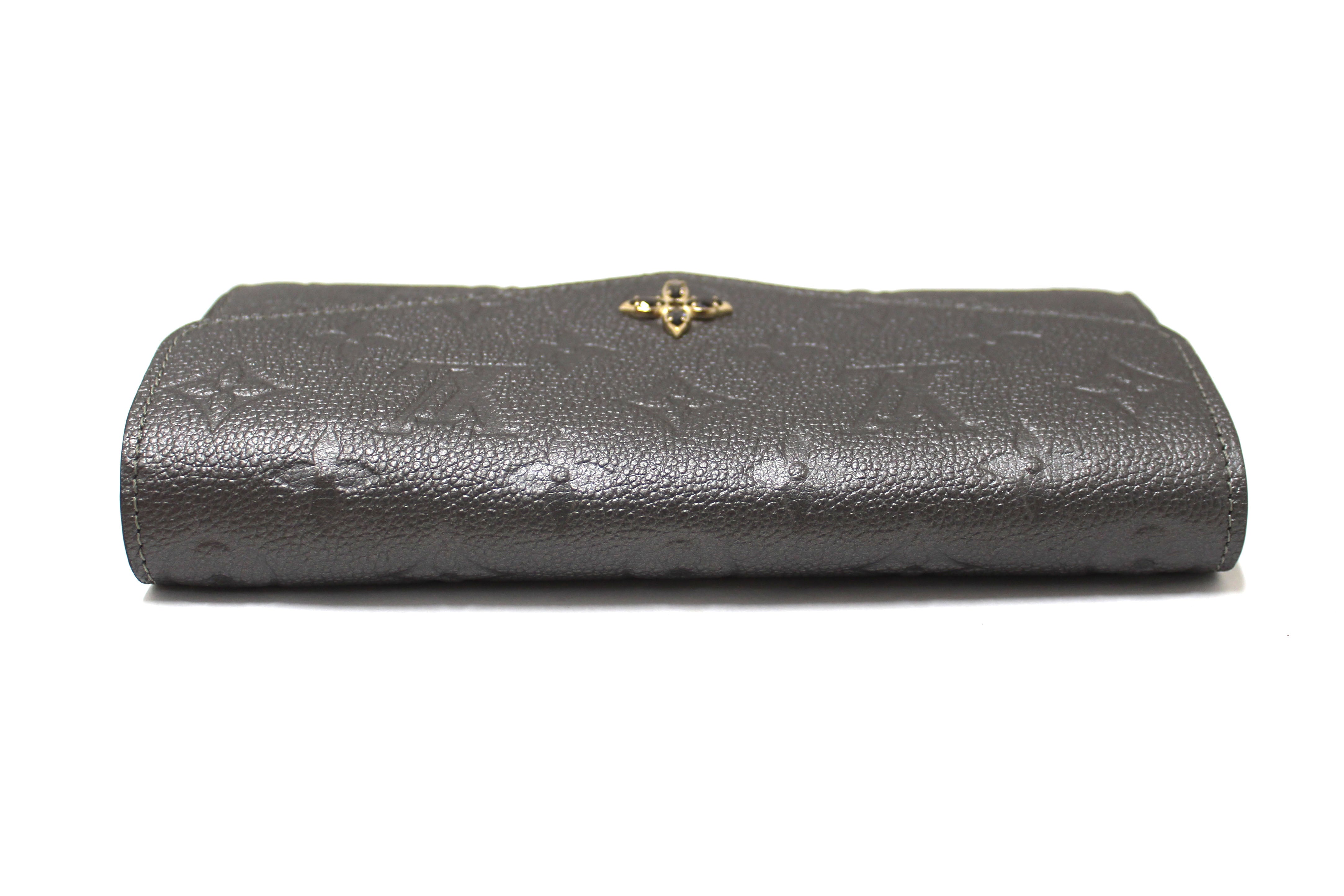 Authentic Louis Vuitton Monogram Empreinte Shimmery Grey Crystal Flower Sarah Wallet