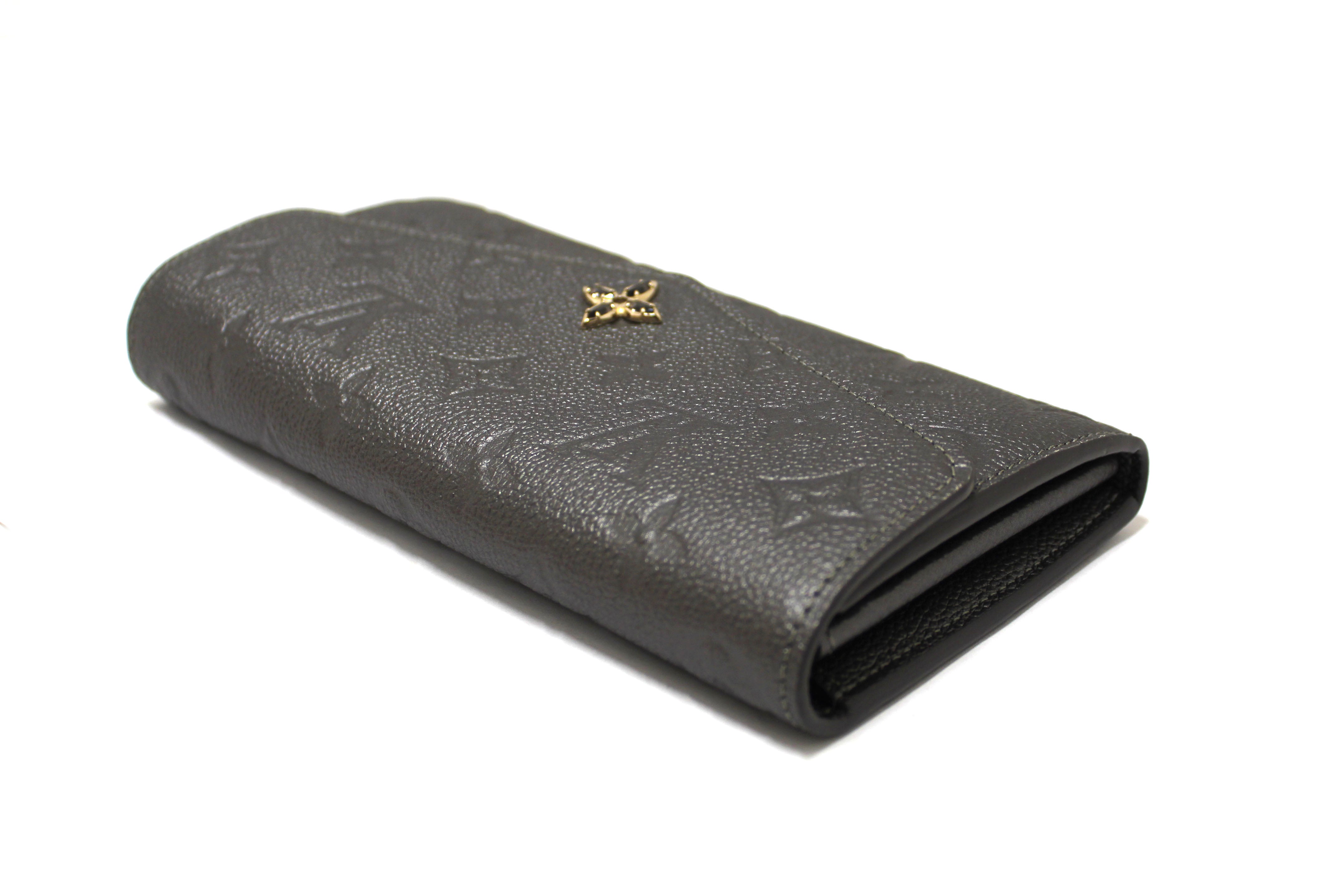 Authentic Louis Vuitton Monogram Empreinte Shimmery Grey Crystal Flower Sarah Wallet