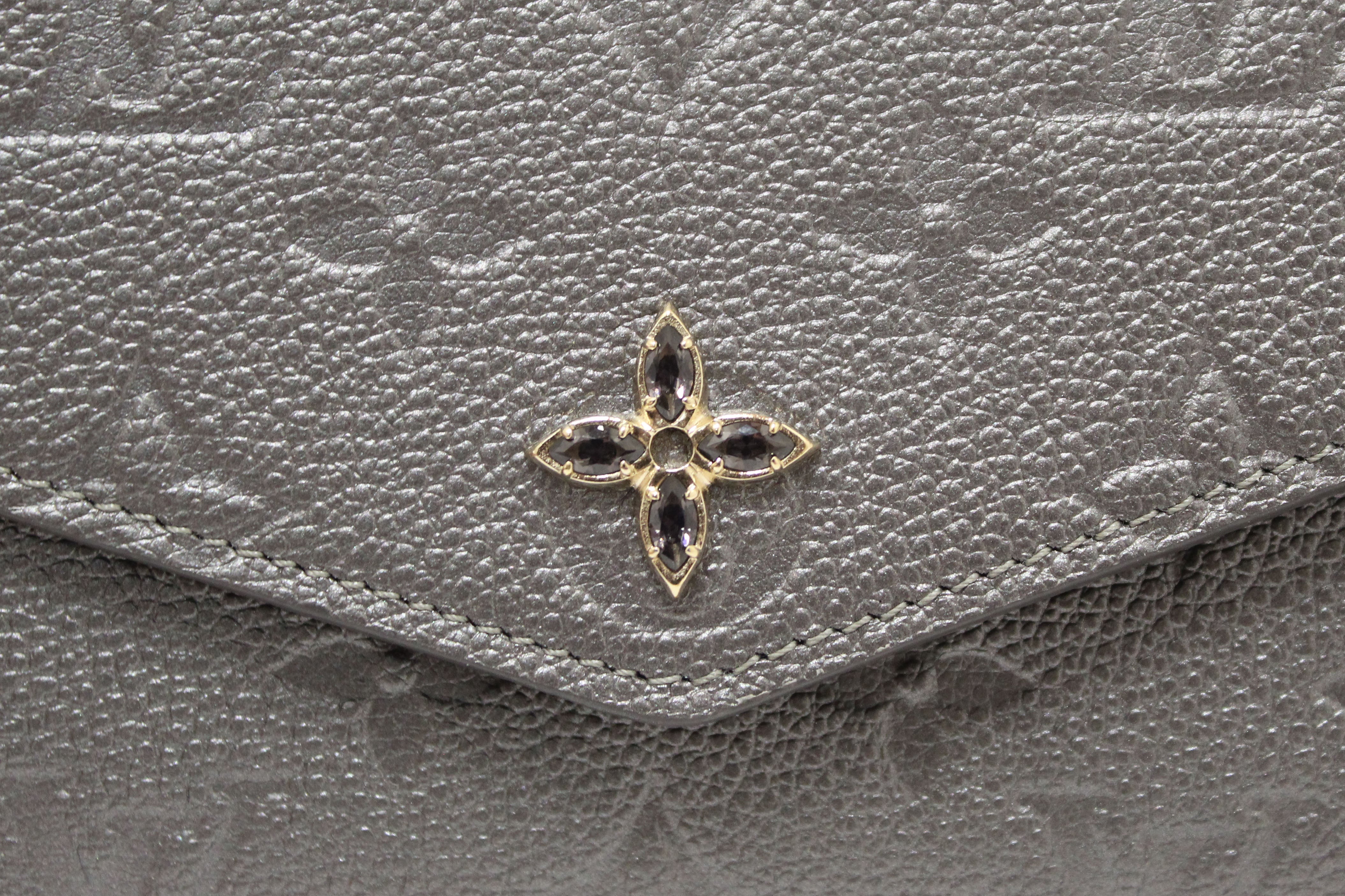 Authentic Louis Vuitton Monogram Empreinte Shimmery Grey Crystal Flower Sarah Wallet