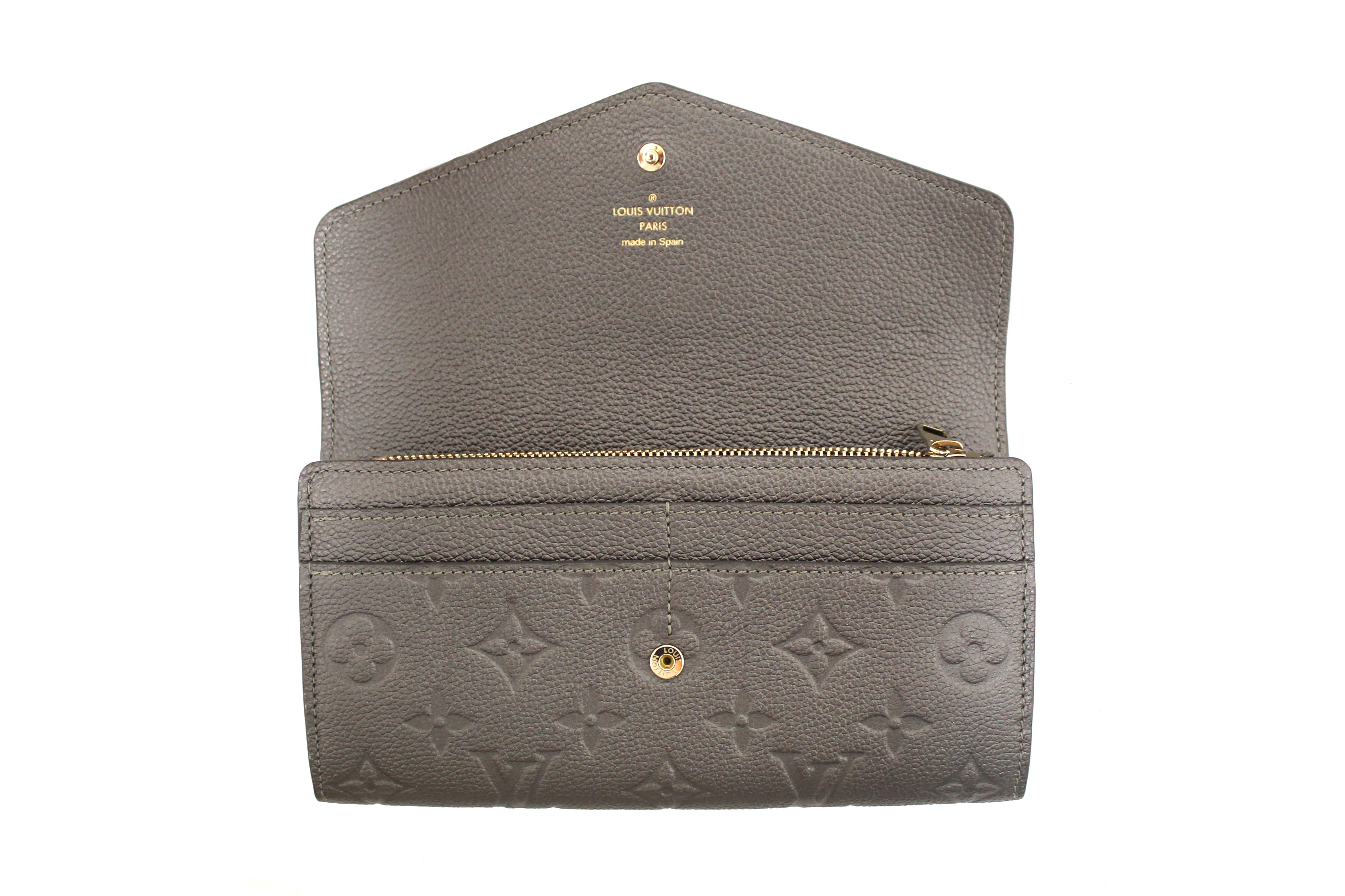 Authentic Louis Vuitton Monogram Empreinte Shimmery Grey Crystal Flower Sarah Wallet