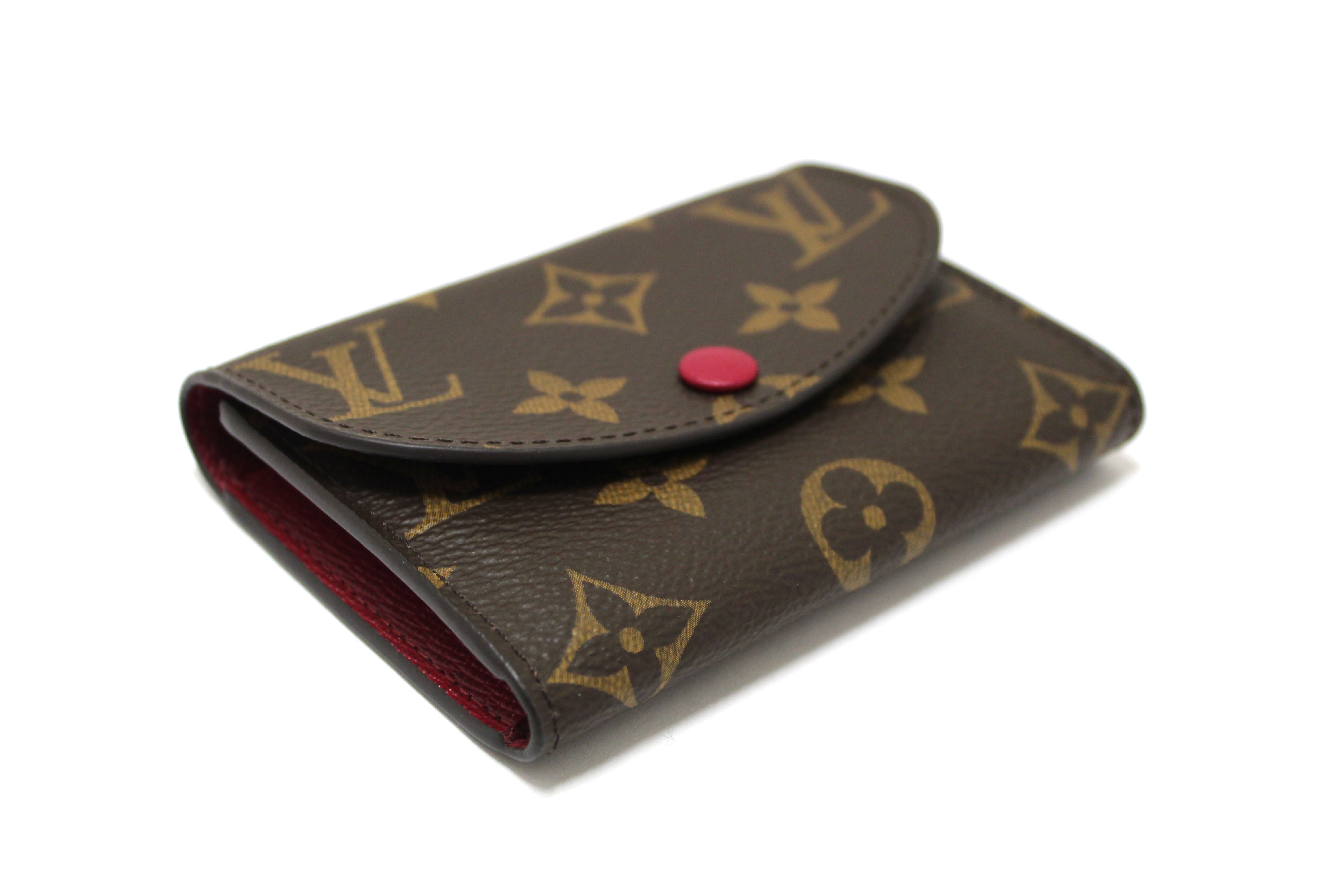 Authentic New Louis Vuitton Classic Monogram with Fuchsia Rosalie Coin Card Case Wallet